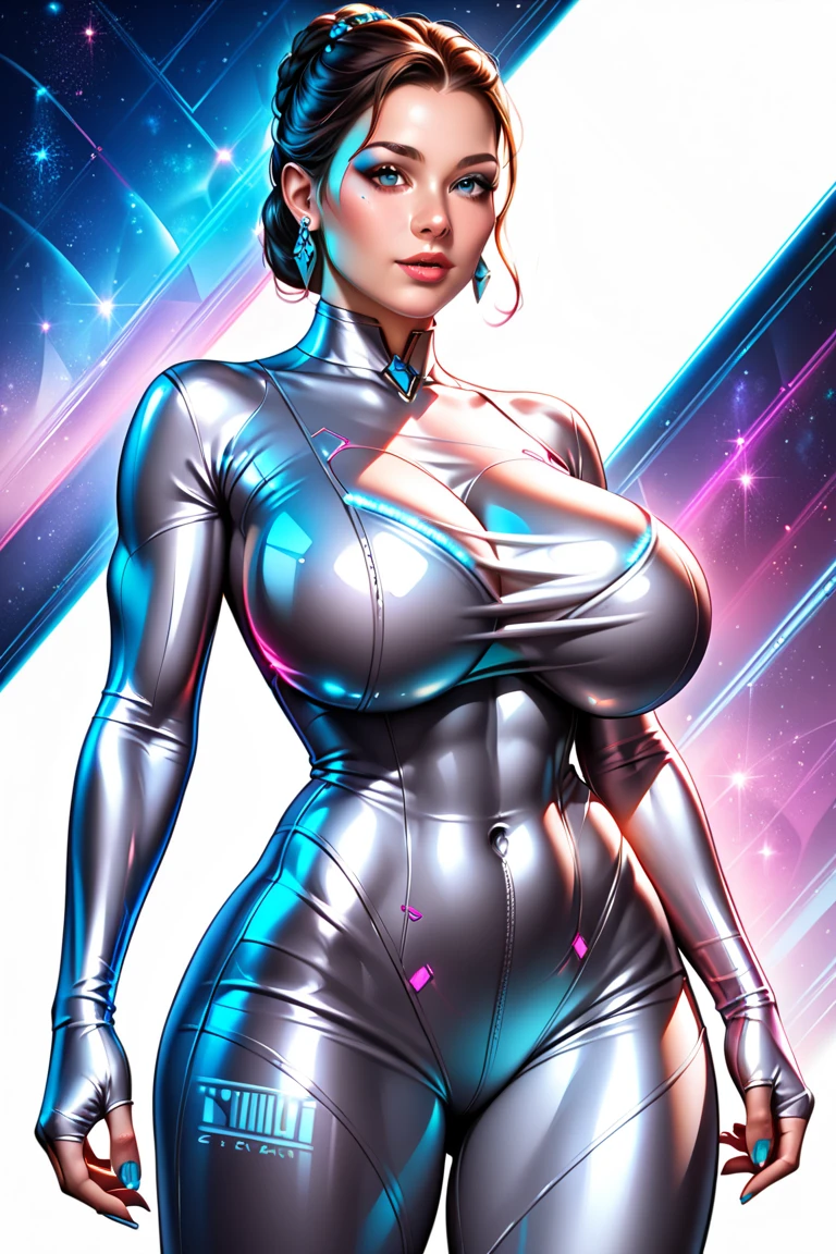 women ,brown skin,black long hair, dark brown eyes, white tight bodysuit, big breast, white Trousers,