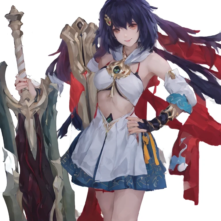 (masterpiece, best quality:1.2), perfect eyes, perfect face, ultra detailed face , strong make up, highres, 1 girl, solo, make up, (female:1.5),satin, white anciente greek clothes, sleeveless turtleneck, bracer, evil smile, standing, portrait, looking at viewer, giant sword on the back, long leather boots, fullbody shot