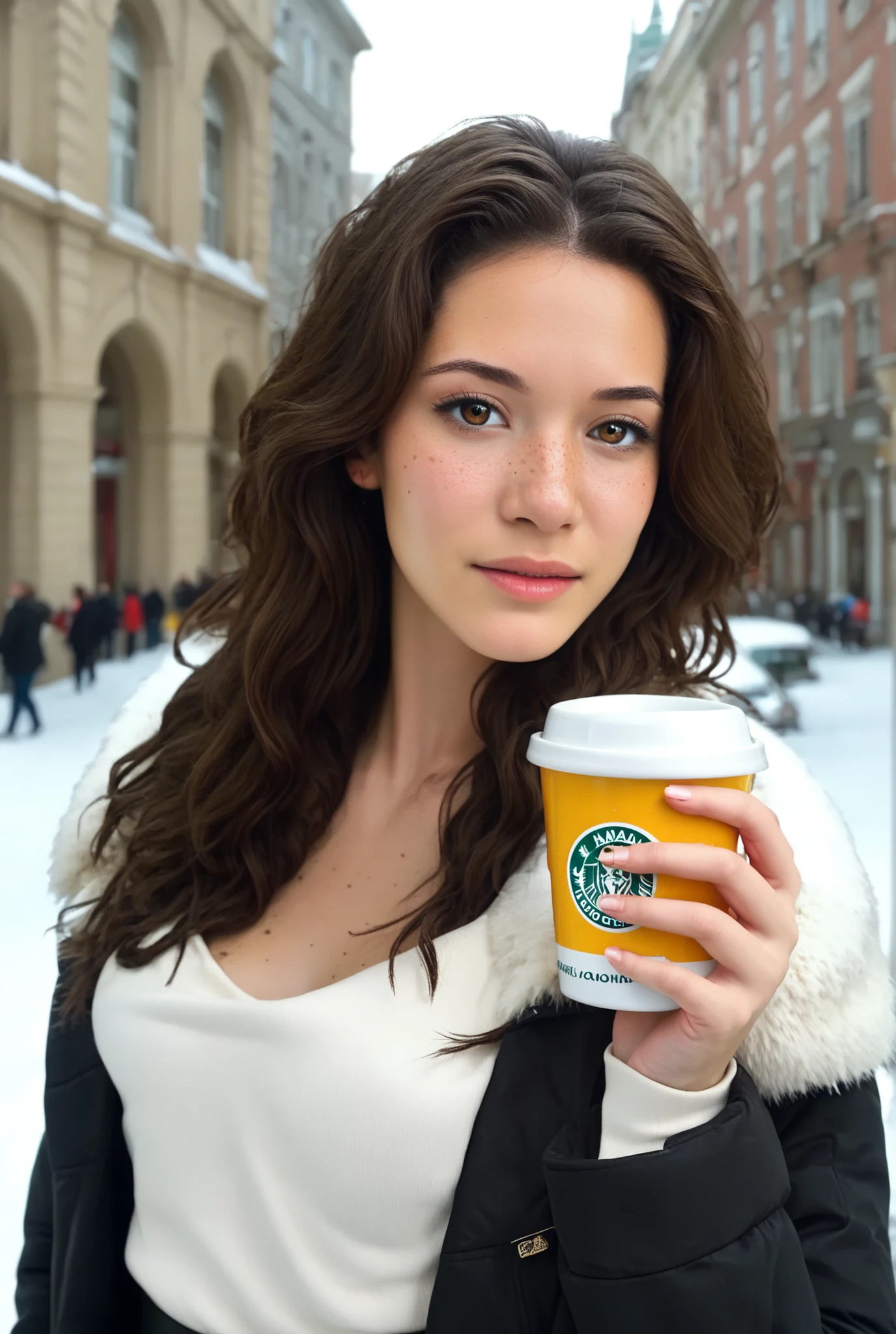 (masterpiece, best quality:1.3), (photorealistic), (realistic face), love_hazal, long wavy dark chestnut hair, hazel eyes with olive hue, almond eye shape, oval face, full lower lip, natural freckles, (warm golden beige skin tone, B cup, medium-sized natural breasts, slim waist, curvy hips:1.3), wearing white winter fur coat, black jacket, white shirt, moscow city background, kremlin at the background, winter.