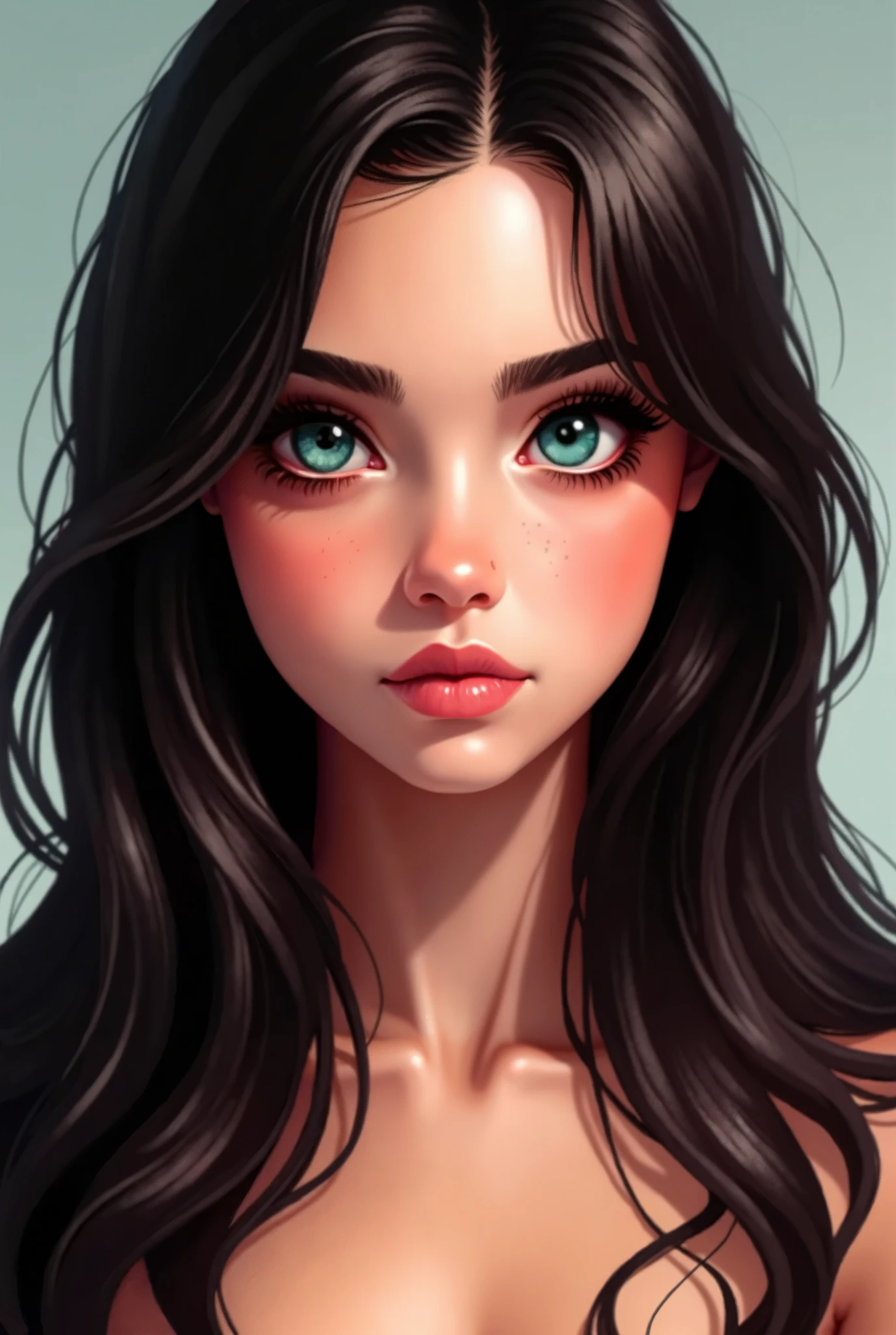 The image is a digital illustration that depicts a beautiful young girl with long dark hair. She has expressive turquoise almond-shaped eyes. Expressive makeup. Black eyeliner. Dark eyebrows. The lips of a natural shade are slightly parted. An indifferent look. Diffused light.