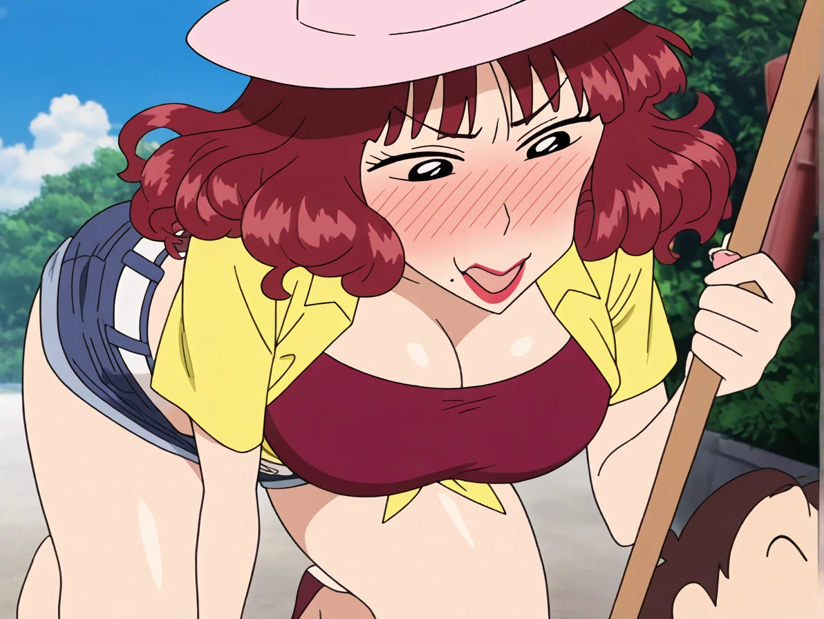 score_10, score_9, score_8_up, score_7_up, BREAK, source_anime, anime screencap, anime coloring, shinobu miyake, bangs, purple hair, green eyes, cow print micro bikini, cow bell, Wetting Self, zettai ryouiki thighhighs, milk stains, Dirty barns, straw, standing, wave both hands, smile, looking at viewer, Dutch angle, sagging huge_breasts, long erect nipples, dirty dark large areola, natural (black) curly armpit hair, Unshaven Pubic Hair, (short stack:0.5)