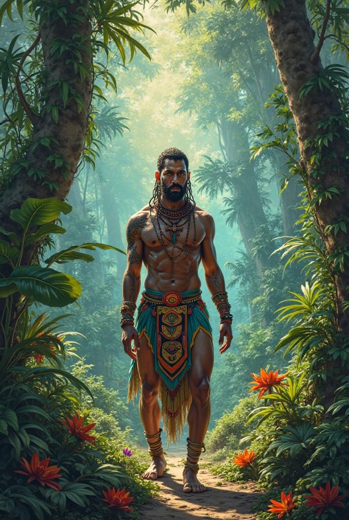(masterpiece:1.2), (best quality,:1.2), 8k, highly detailed, hyperrealistic, cinematic lighting, ambient lighting, sexy male adventurer in a fantasy setting, jungle background, upper body shot, black skin, tribal, sexy, epic fantasy male character in jungle