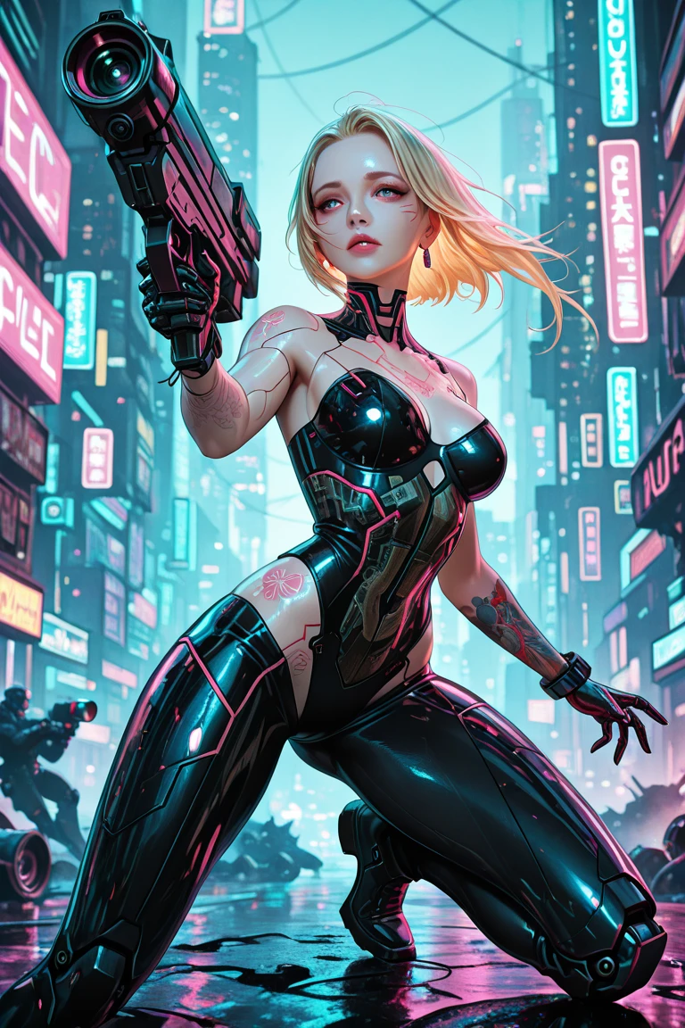 ((cyberpunk)), roqueira, girl badass, maquiada, sexy,  roupas sexy, agachada, sorriso, ((cabelos curtos rosa neon)), garagem, teclado musical