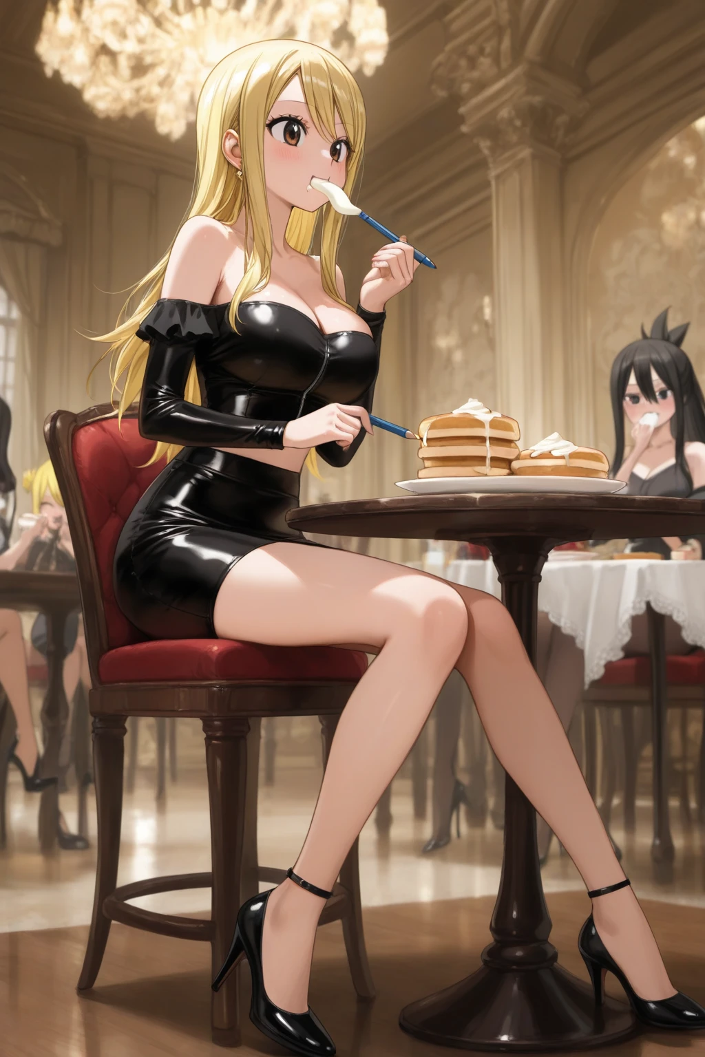 Your influencer character(sexy milf boobs) with long, blond hair sitting on a restaurant eating pizza. She is dressed in goth style. and has a lovely expression on her face. colourful and bright colouring.