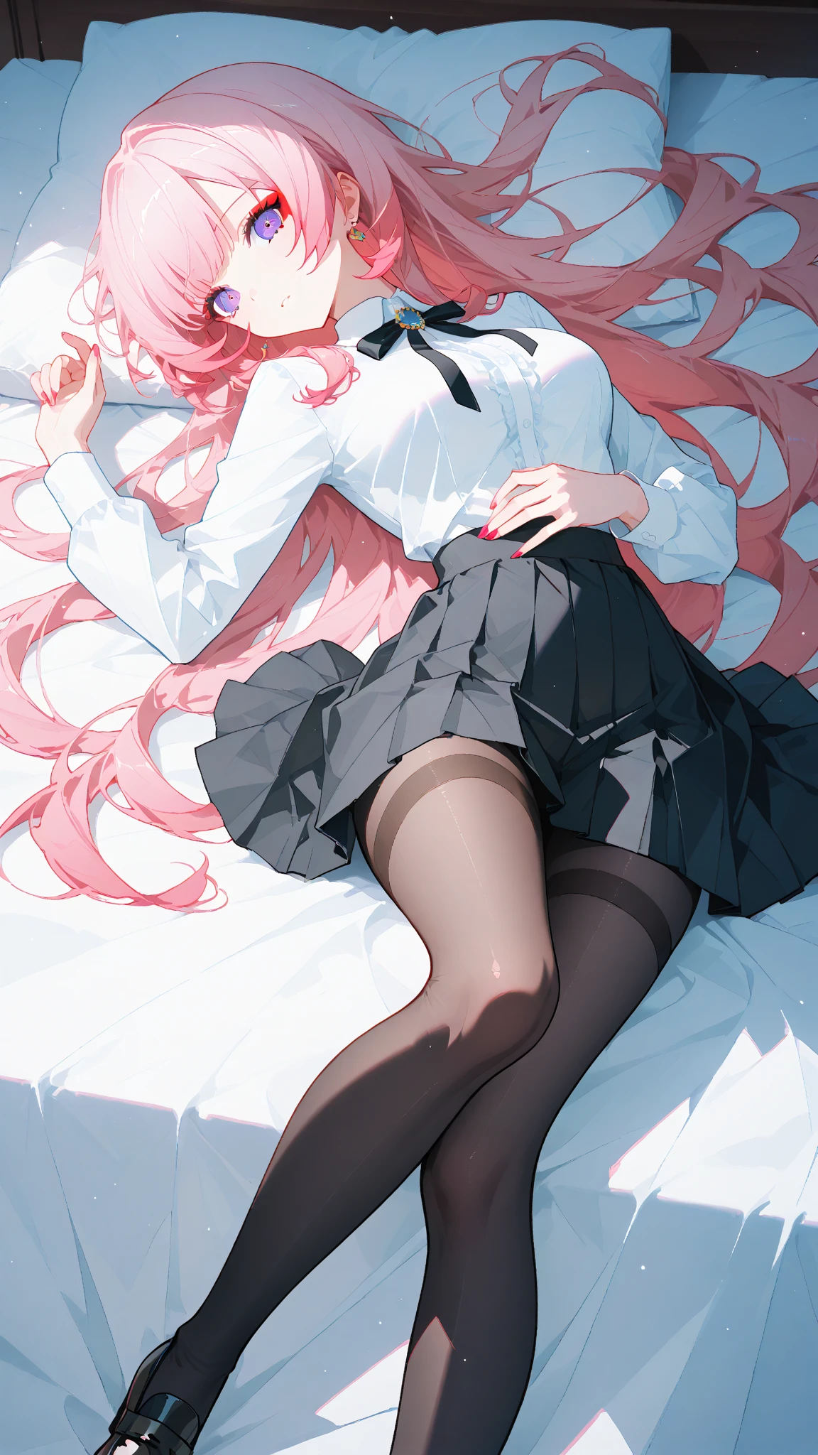 wariza,wrist cutting with cutter,pink hair,cute room,on the bed,tear,two side up,jirai kei,black thighhighs