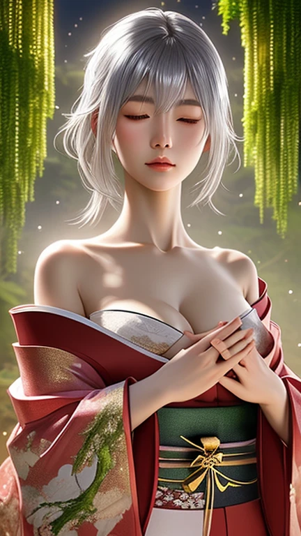 A long gradient white hair, hair from the top of the head to the ends of the hair gradually from white to green and then gradually to blue, combed in the middle of the head, the sideburns of the two sideburns naturally hang down to the chest, a pair of red demon horns on the top of the head, the hair on the back of the head is tied into a ponytail, two orange hairpins, gold earrings on both ears, wearing a white sleeveless close-fitting kimono, the kimono has a blue pattern, there are two diamond-shaped patterns on the chest, a huge note rope tied around the waist, the lower body is wearing a red long skirt, yellow eyes, bursting breasts, HD, Yamato of One Piece, Yamato's beautiful portrait, fanart, the character is her natural pose, the woman is full body art, wears little,
