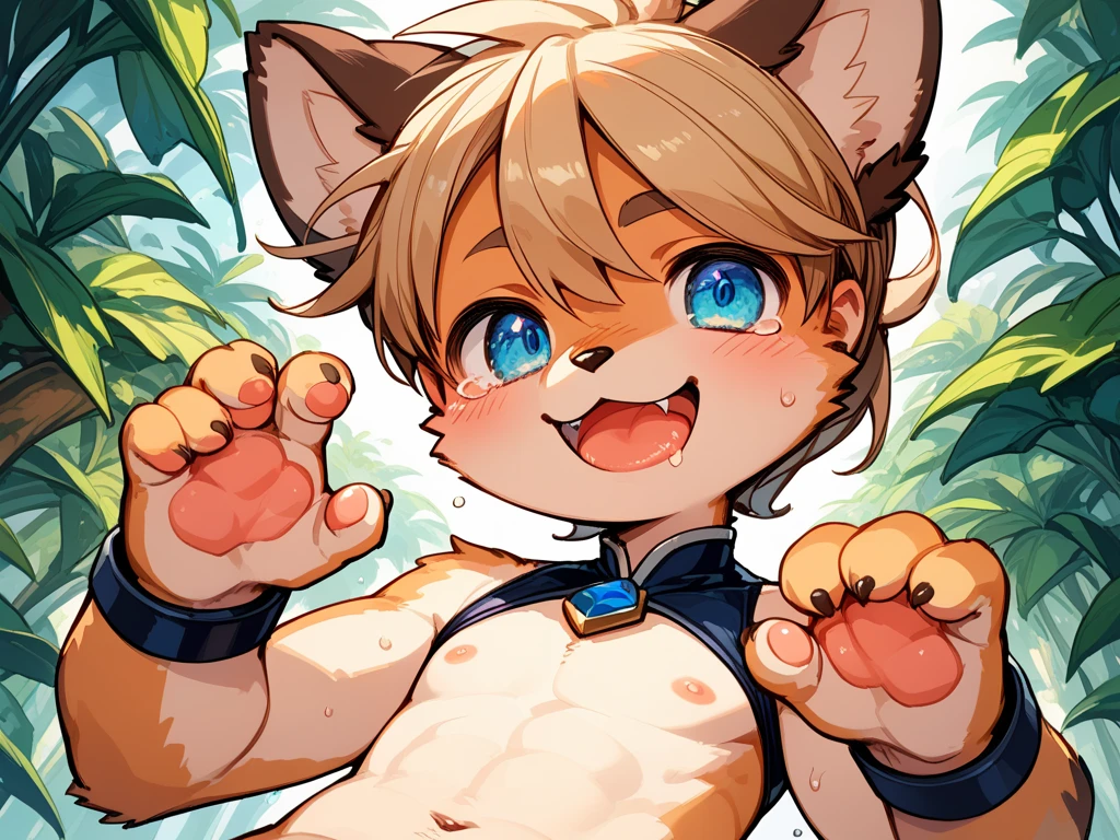 anime model of a blonde boy, With bright green eyes, naked showing his penis, normal size, a beautiful and bright smile, a face as cute as that of a god and beautiful
