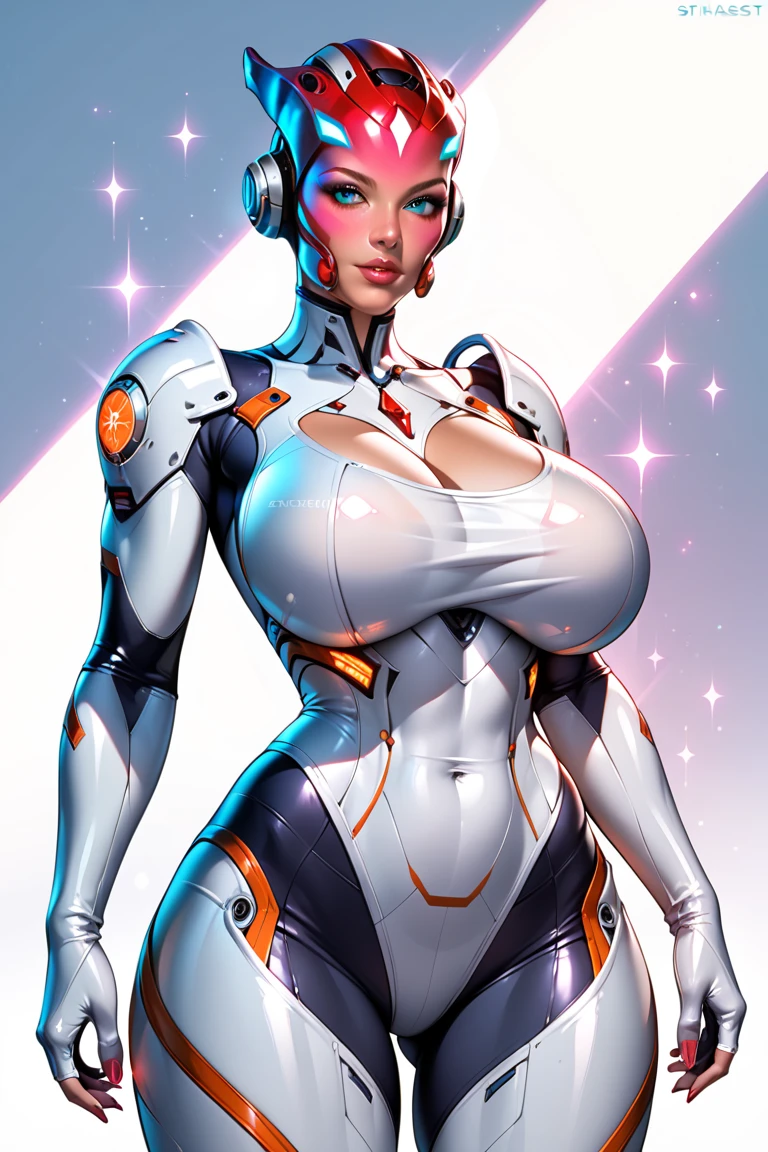 (Arcee), Arafed Mujer con un traje futurista posando para una foto, (detailed face), defined cheekbones, (puffy lips), (white sclera), en armadura futurista blanca, girl in mecha cyber armor, (helmet covers forehead), full lips, (pink and white color scheme), large shoulders, large ass, (ass air bags), Renderizado del motor irreal + una diosa, Armadura cyborg de porcelana, Armadura blanca brillante, (pink and white aesthetic), (gigantic breasts), slim waist, cybernetic abs, cuerpo cyborg ginoide, Hermosa y atractiva cyborg femenina, Diferentes cibertrajes, Hermosa cyborg hembra, Hermosa chica blanca cyborg, Con armadura futurista, Perfecto cyborg hembra
