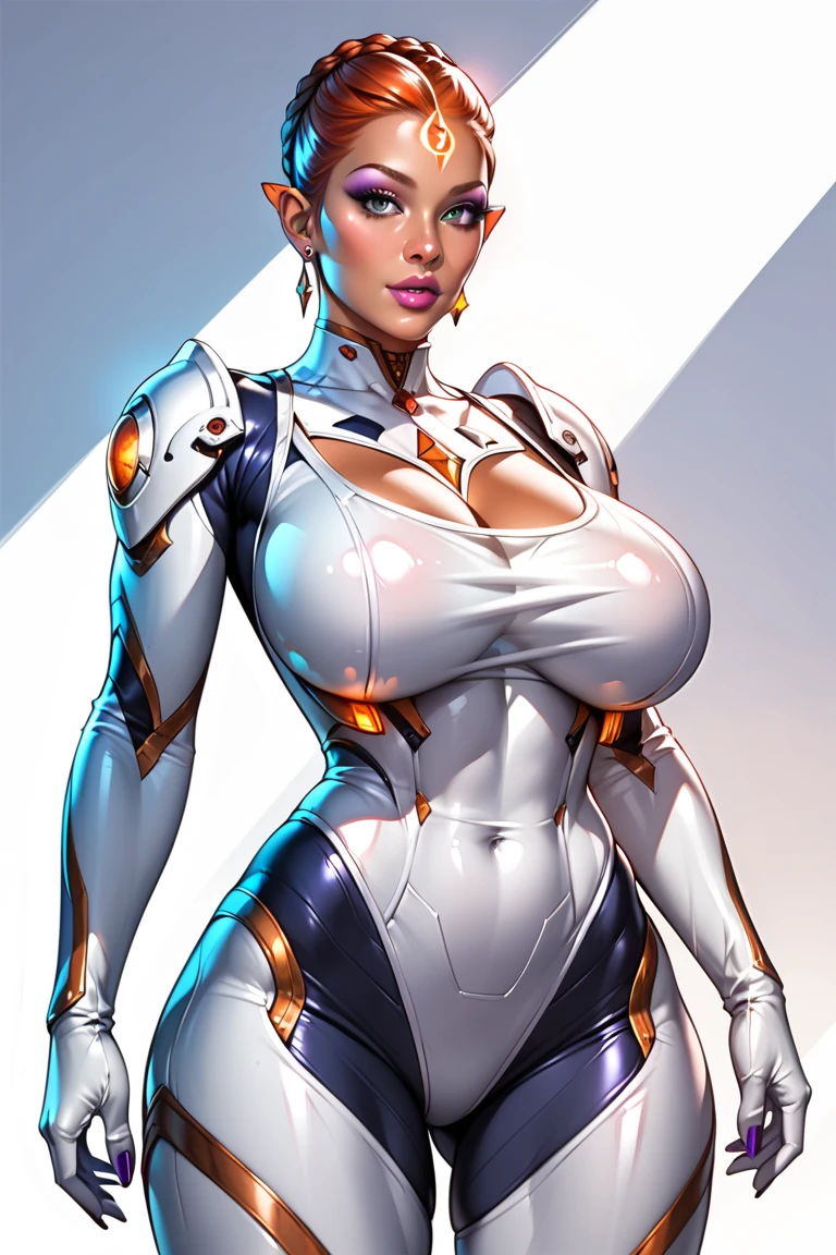 8k ((long neck:1.5))((full body view))((view from below:1.5)),(large eyes:1.3), defined cheekbones, looking back, ((the pit style:1.6))((sleek translucent bodysuit:1.6)) ((intricate translucent details:1.4))detailed face:1.5), translucent skin,(puffy lips:1.5) (translucent skin:1.6), (bald woman:1.7), (skinhead) ((sexy pose)),(Muscular:1.3), ((gigantic breasts:1.5)), )highly detailed, majestic, digital photography, art by artgerm and ruan jia and greg rutkowski, ((clear shoulder pads:1.2)), (masterpiece), sidelighting, intricate details, (((white and gold color palette))), body appears see through