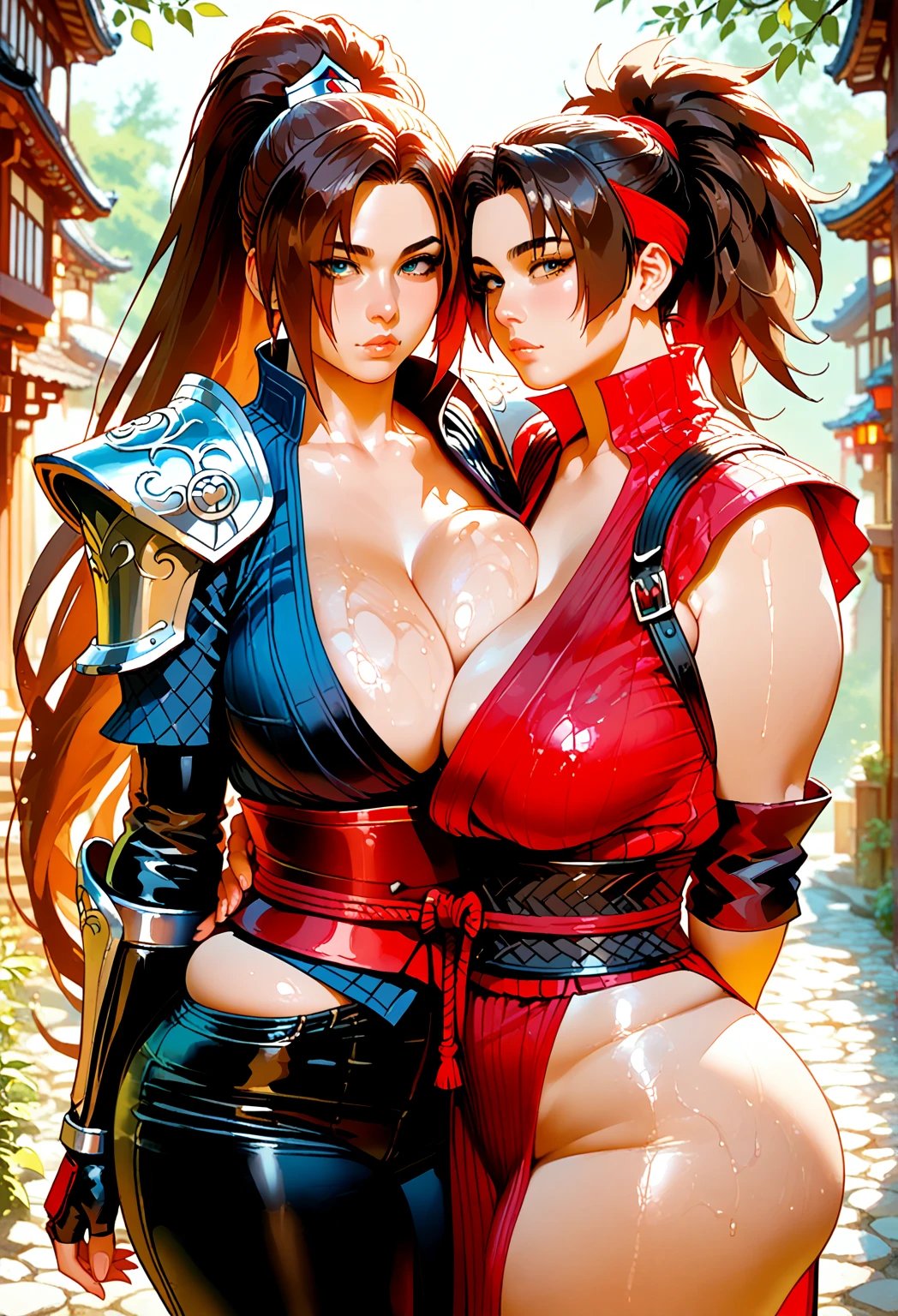 Sexy Ayane and Kasumi from DOA (Dead or Alive), 2 girls, wearing sexy traditional tight asian dresses, wearing dress, noble elegant dress, perfect body shape, seductive poses, full picture, full shot, shot from head to toes, show both head and full legs, wearing stockings, wearing lace stockings, wearing long gloves, wearing high heels or high boots, high heels, high boots, wearing long gloves, wearing corsait, wearing choker, heavy makeup, ponytail, looking like ninja, ninja, looking like kunoichi, kunoichi, vivid eyes, standing, making out, kissing passionately, violent, aggressive, using violence, hugging, one is pushed to the wall and her backs are touching the wall, rich palace bedroom background