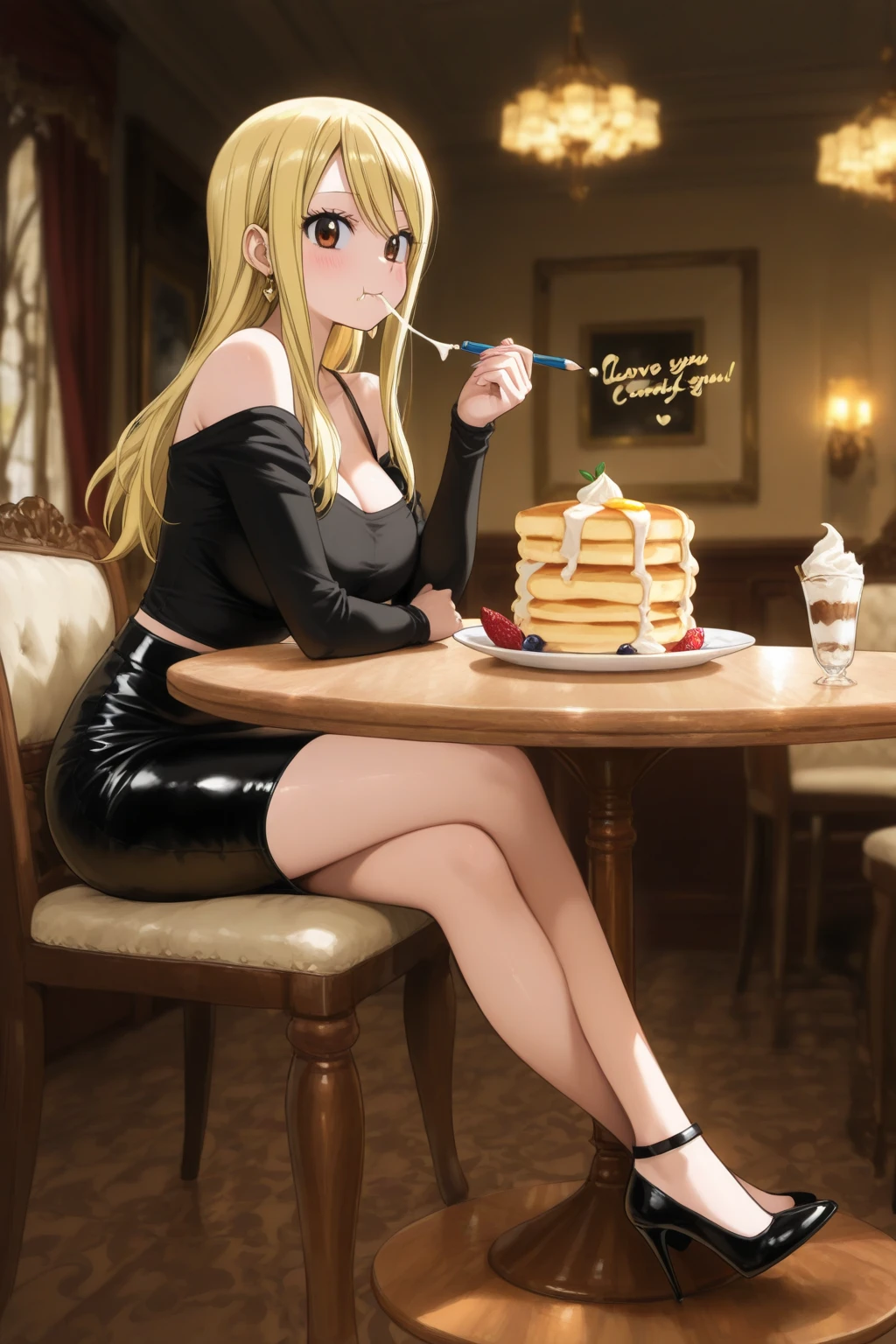 Your influencer character(sexy milf boobs) with long, blond hair sitting on a restaurant eating pizza. She is dressed in goth style. and has a lovely expression on her face. colourful and bright colouring. 