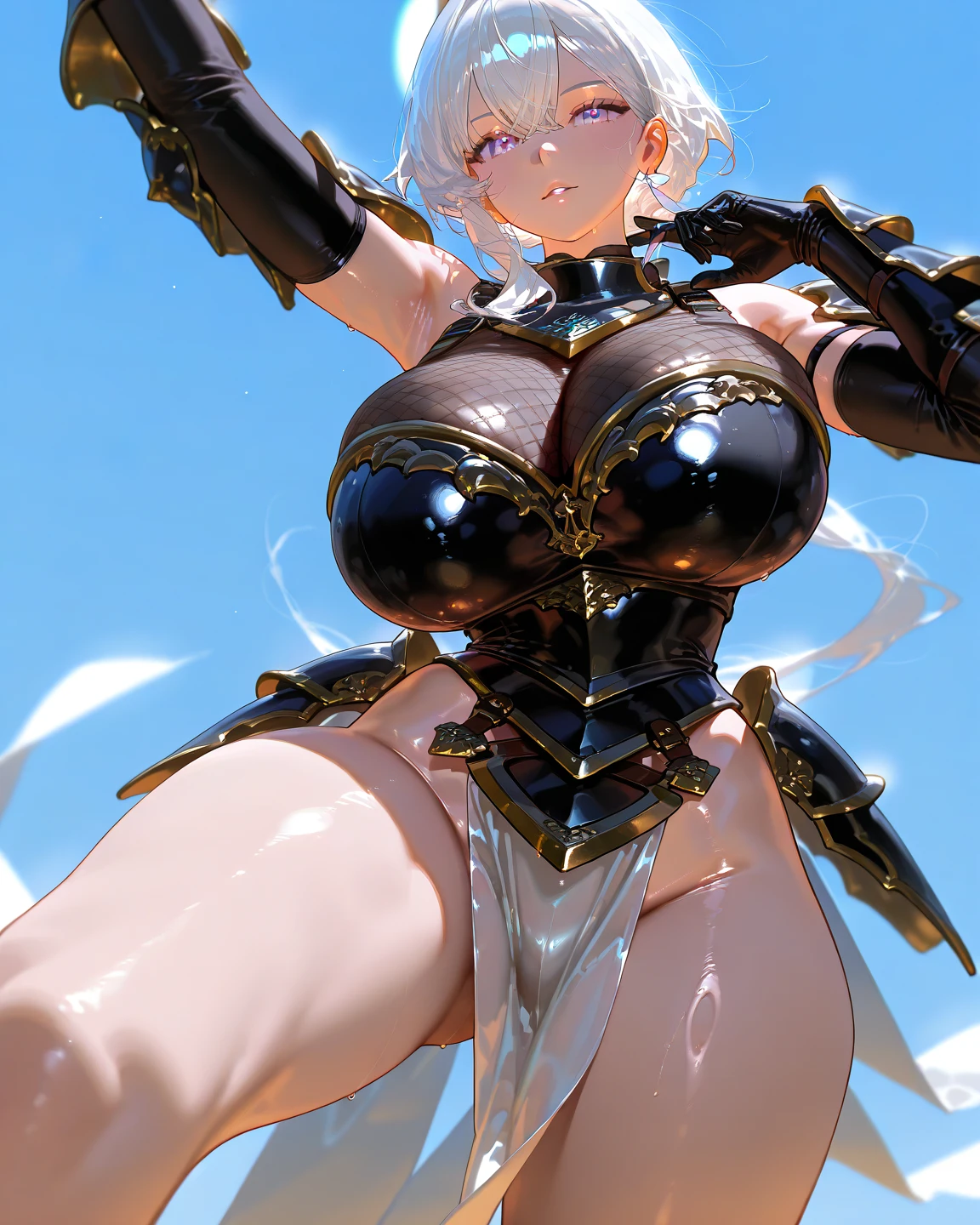 Masterpiece, The best quality, High Resolutions, absurdities, 8k, 4k, Official Art,, , (flat_color:0.9),Large size_old, (huge breasts:2), big breast, voluptuous, front view, thick thighs, Wide hips, warm light, night atmosphere, robusta, front body, light lipstick, SMILE, abdomen, (muscle:1.2), Thick thigh, Wide hips, thick lips, breast, Muy voluptuous, massive breast, , faded hair, massive thighs, focused eyes, breast bursting out , huge woman, long hair, silver eyes, look ahead, muscle girl,short hair, tiara, mechanical armor, great armor, mechanical armor, mechanical suit, Full armor,