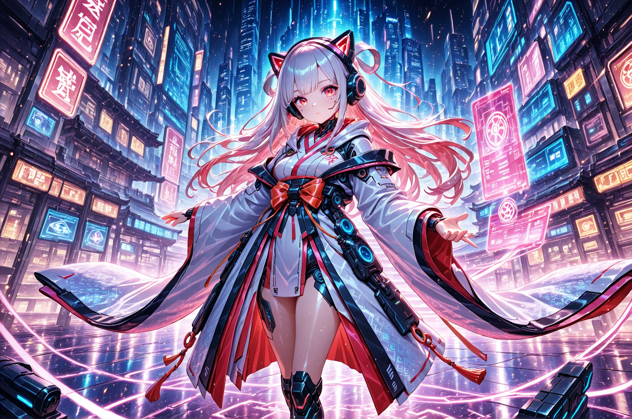 masutepiece、top-quality、Anime Magical Girl、cyberpunked、Cute heart-shaped magic wand、cloak with hood、headset on head、Cyberpunk even though it's an idol's clothes、Long boots in white、Pouch at waist、Simple backgrounds、CharacterDesignSheet