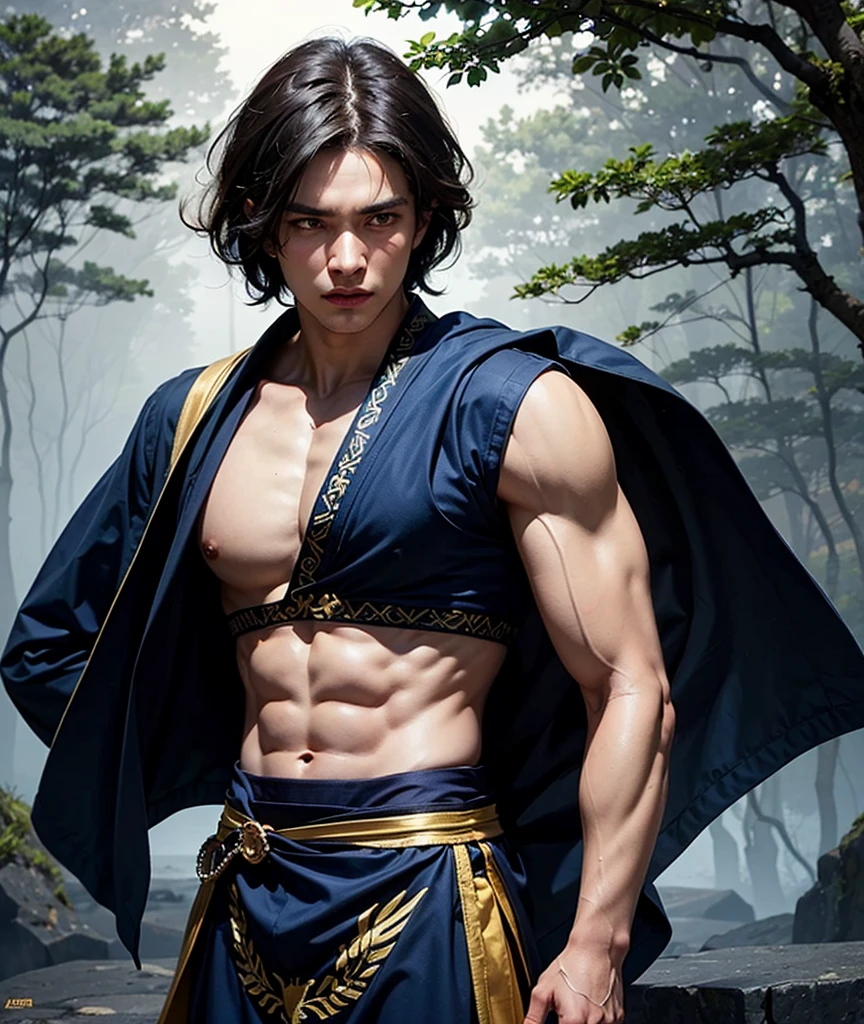 Best Quality, Masterpiece, Ultra High Resolution, (Realistic: 1.4), Xiuxian, Weapon, Detailed Face, .1 Boy, Solo, Weapon, , (Magic Circle: 1.2), Xiuxian, Upper Body, East Asian Architecture, Sheath, Architecture, (Absurd, High Resolution, Super Detailed), Asian, 1 male, eighteen year old boy, handsome, tall muscular man, broad shoulders, very short hair, bottom cut, dark brown eyes, fine eyes and detailed face, extremely detailed CG Unity 8k wallpaper, Intricate details, (style swirl magic: 0.7), looking at the audience, solo, (full body: 0.6), detailed background, detailed face, (European medieval fantasy theme: 1.1), hair fluttering in the wind, martial artist, dynamic pose, fighting stance, clenched fists, fingerless gloves, wristband, dragon-themed costume, monk robe, alpine mountain background, spinning floating particles, dynamic composition, upper body naked, large muscles, white rubber pants, ((((crotch bulge))))