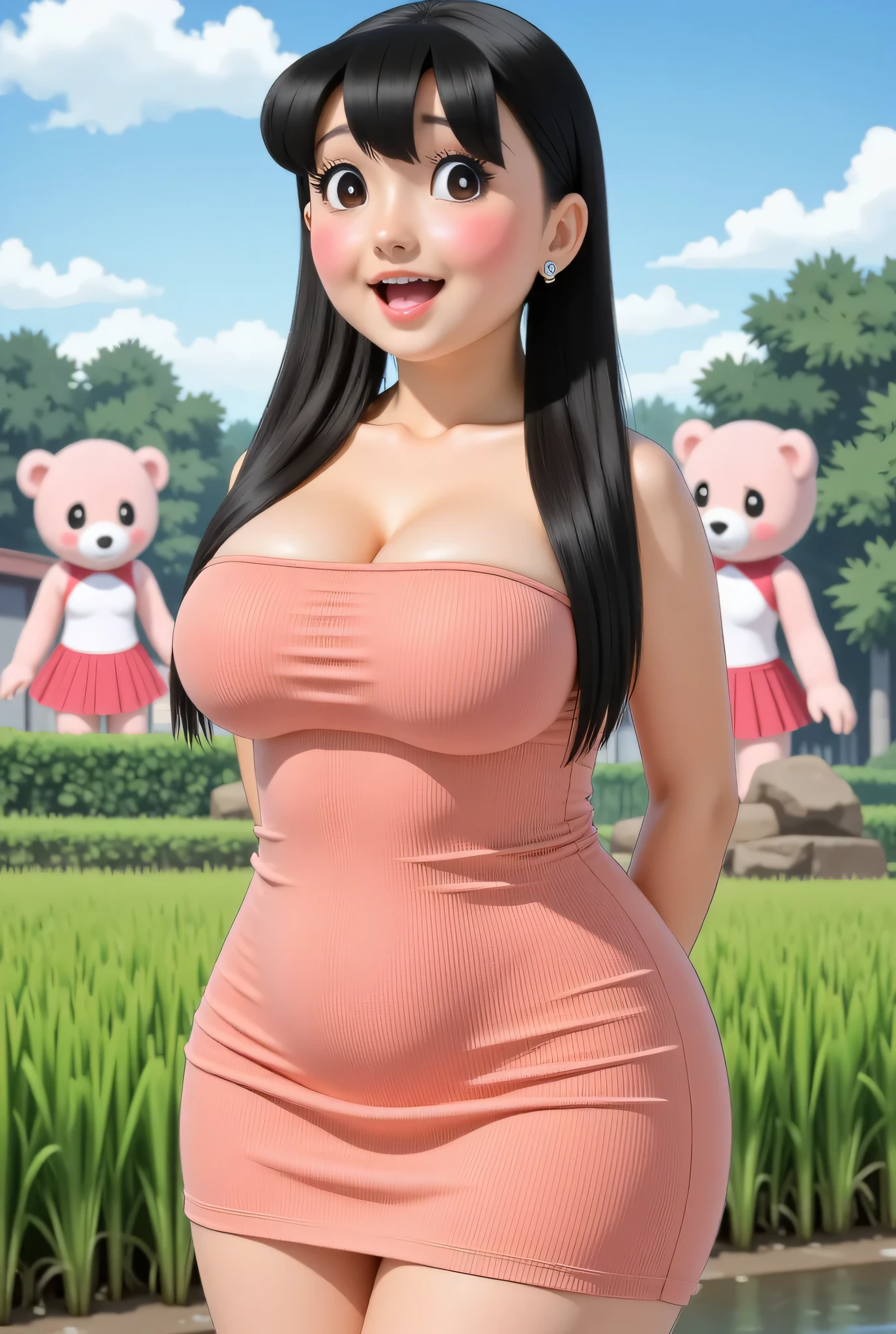 BURSTING BREASTS front posing, ("Facial expression in Happy big Orgasm"), Both hands lying behind the back, (photorealistic:1.6) ((Indonesian hijab)), background rice paddy. daytime atmosphere, (((please don't showing any finger!!!))), (BARING DIATAS TIGA HUGE TEDDY BEAR)), hands behind back, Look from the front you are stupid!, wearing Fully bright peach pleated print unbuttoned corduroy tight strapless dress. (blink pink eyeshadow & pink eyeliner) PLEASE DON'T PUT ANYTHING ROPE AT MY CLOTHES!!!. BOTH HANDS PLACED BEHIND THE BACK , SILFOE PHOTO. BIMBO LIPS, black hair bang style long straight