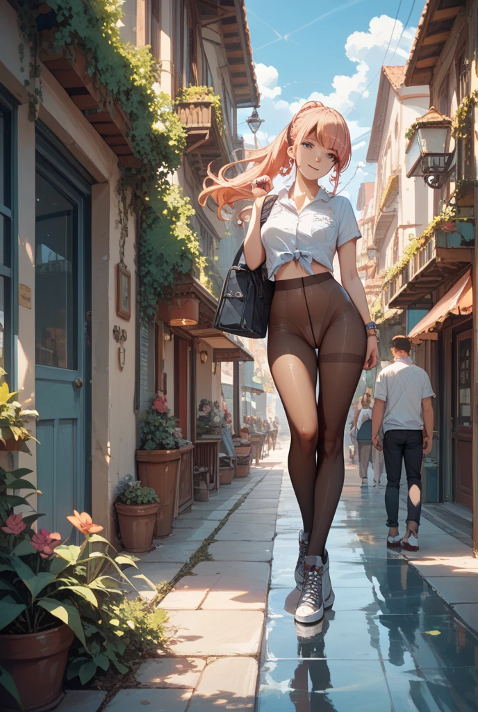Chica de anime con orejas de conejito caminando por una calle con un bolso rosa, Obras de arte al estilo de Guweiz, Al estilo de Ross Tran, Estilo Ross Tran, por Yanjun Cheng, inspirado por Yanjun Cheng, inspirado por Ross Tran, Artgerm y Atey Ghailan, Ross Tran 8 K, Guweiz, Ross Tran. scenic background