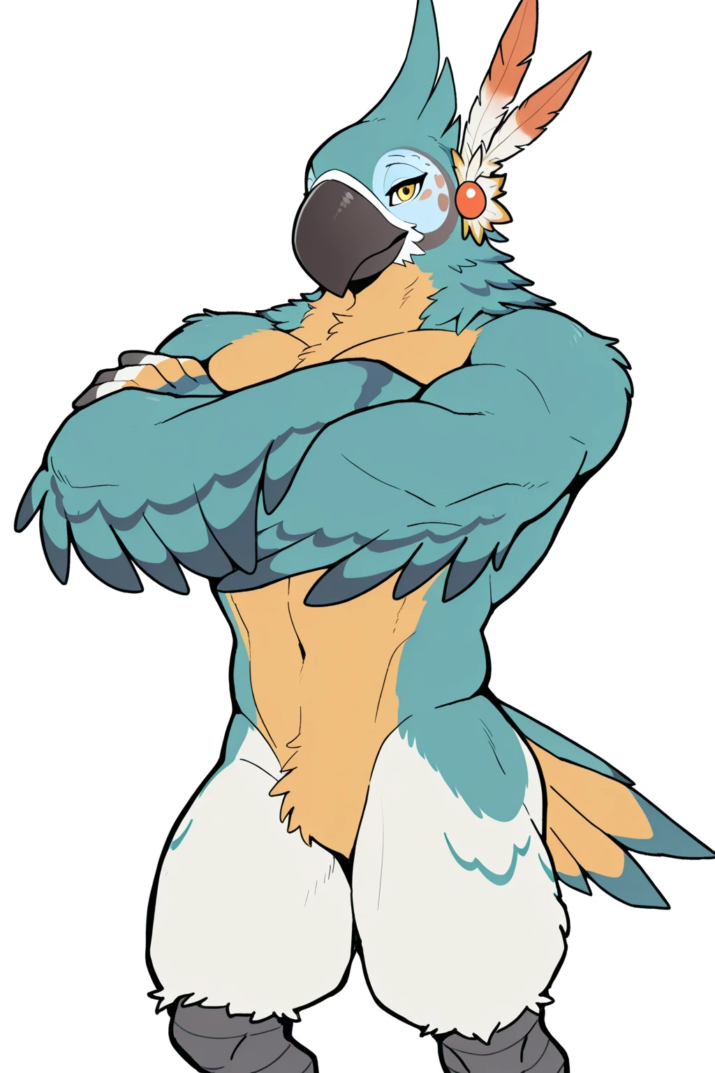 by null-ghost, solo, 1boy, male, anthro, kemono, kass (tloz), full body avian, topless male, handsome face, white fundoshi, bulge, large pecs, muscular, paws, dad, daddy, father, old man, 50-year-old middle-aged man, big black nipples, happy trail, detailed face, detailed body, detailed feathers, detailed eyes, (detailed hands), first person view, happy, looking at viewer, interior, tribal tent 