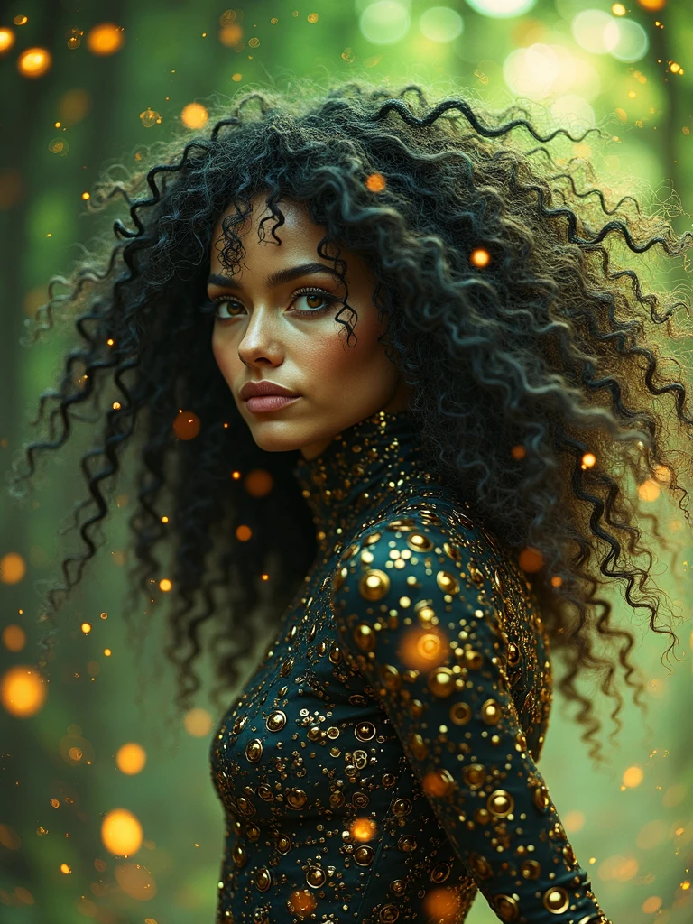 A female alien that look likes a woman with black curly hair and medium breasts, 30 years old, her skin is green, is wearing a dress and looking at camera with a smile