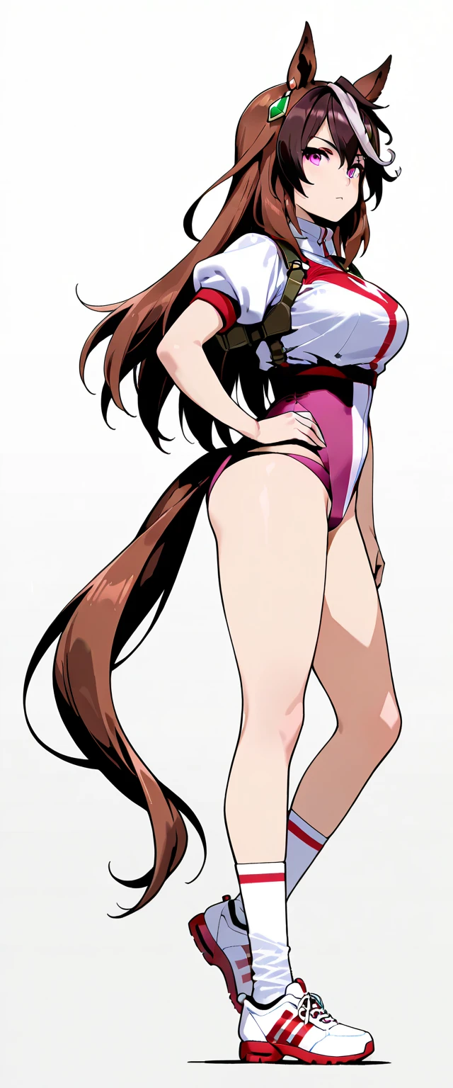 she has past shoulder length brown hair with bangs tied up in a ponytail, brown eyes, very fair skin, she is beaultiful, anime, black woman bunny suit, small breasts and ass