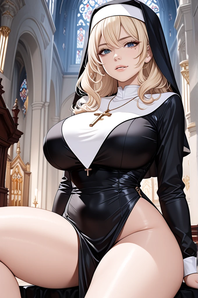 nun, sitting, high heels, fishnet stockings, mini skirt, rebel, panties, digital art, fantasy, dark magic, occult, mystical, cleavage, long blonde hair
