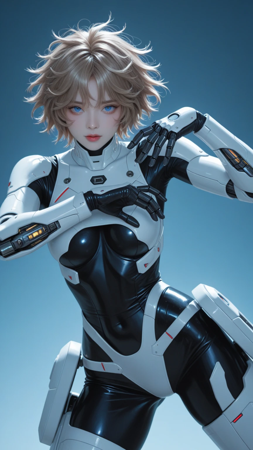 robot girl, plugsuit, human head, cute girly face, short hair, robotic arms, robotic legs, robotic hips, black bodysuit, cleavage, white armor bra, white armor panties, studio lighting, detailed robotics, hydraulics, mechanical joints, doll like, highly detailed, sharp, high quality, cutting edge, beautiful render, dramatic pose, detailed shading