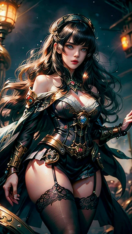 brunette woman, full breasts, blue pirate outfit,((pale skin)), ((pearl skin)), (((full body))), ((camera look)), portrait of ((incredibly attractive)) a sexy woman ((perfect female face)) , intricate, 8k, highly detailed, (extremely detailed CG unit 8k wallpaper), ((square jaw)), (well-defined jaw), (lips facing down), (detailed anatomy), hyper-realistic body image in full plane,  trend in CGSociety, Intricate, high detail, sharp focus, dramatic, volumetric lighting, digital painting, intense, modelshoot style (8k wallpaper of extremely detailed CG unit), full body photo of the most beautiful artwork in the world, pearl skin, professional majestic oil painting by Ed Blinkey, Atey Ghailan, Studio Ghibli, by Jeremy Mann, Greg Manchess,  Antonio Moro, trends in ArtStation, photorealistic painting art of midjourney and greg Rutkowski, image background in a night town