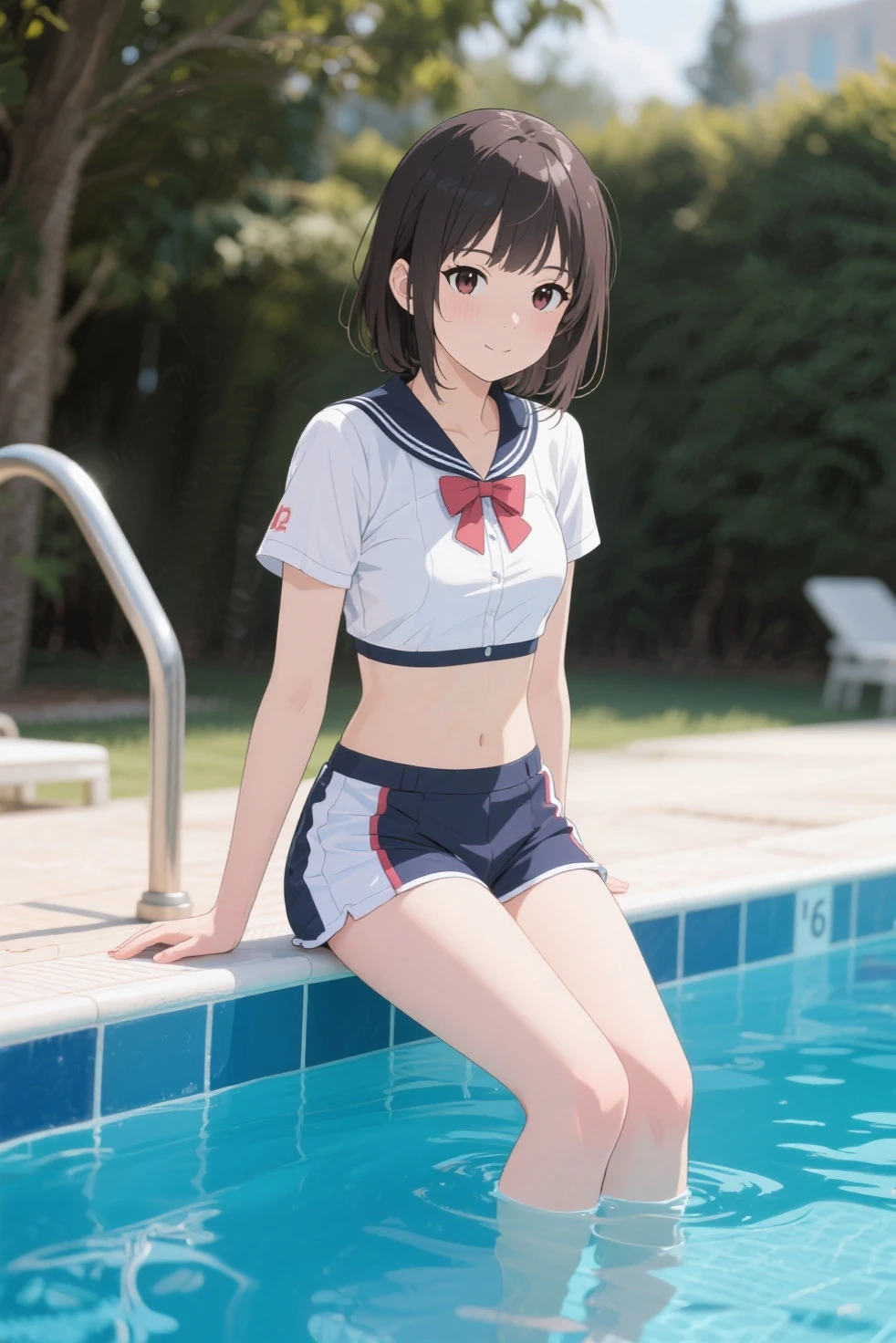 1 lady, HD quality, anime, solo full body shot, beautiful detailed face, (sitting with hands back:1.3), (open legs to limit:1.3), (with one knee up:1.3), (showing pubic area:1.6), (under boob:1.5), (Large breasts), (cleavage), shiny skin, (oiled skin:1.5), smiling, (thin thighs:1.8), (Sailor uniform only for the upper body:1.5), (Crop Top sheer white shirt:1.5), (sleeveless:1.6), without brassiere, (sheer white tiny micro thong:1.5), poolside, (Green detailed eyes), blue sailor collar, high-heeled shoes, red ribbon tie
