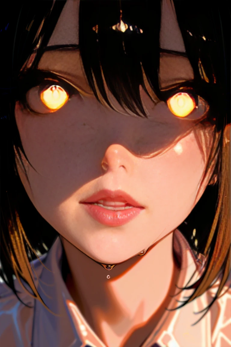 Close-up of a person's terrified face, their eyes wide with fear, reflected in their glasses is the silhouette of an enormous, otherworldly creature