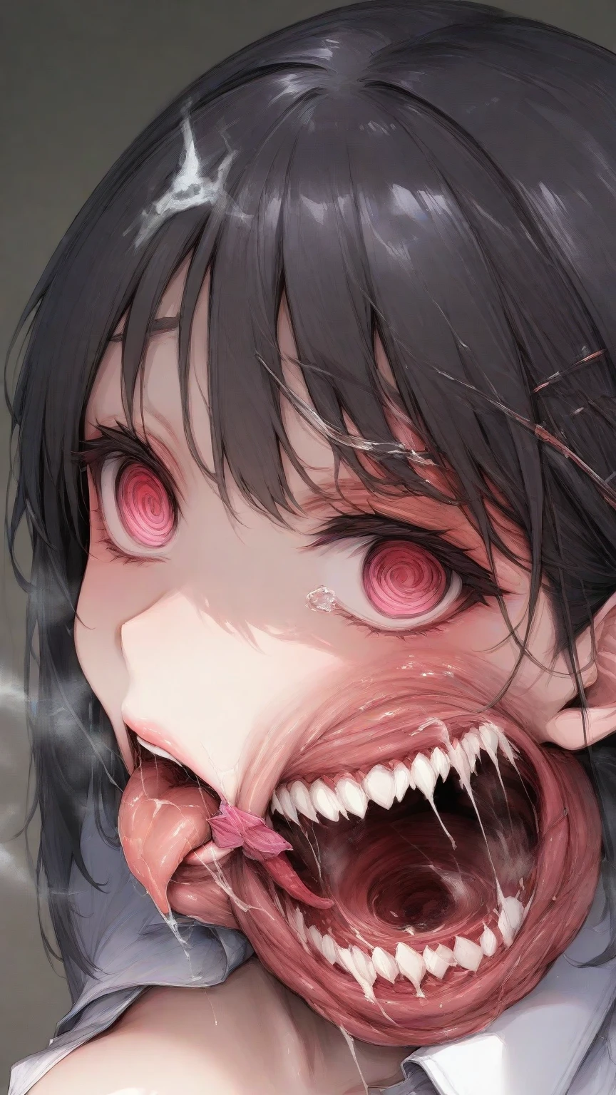 Anime girl with blood on her face and teeth, Detailed digital anime art, yandere intricate, gapmoe Yandere, drooling teeth bared, Yandere, clean and meticulous anime art, gapmoe Yandere grimdark, detailed anime art, by Kamagurka, highly detailed angry anime face, portrait gapmoe yandere grimdark, Horror!! Highly detailed