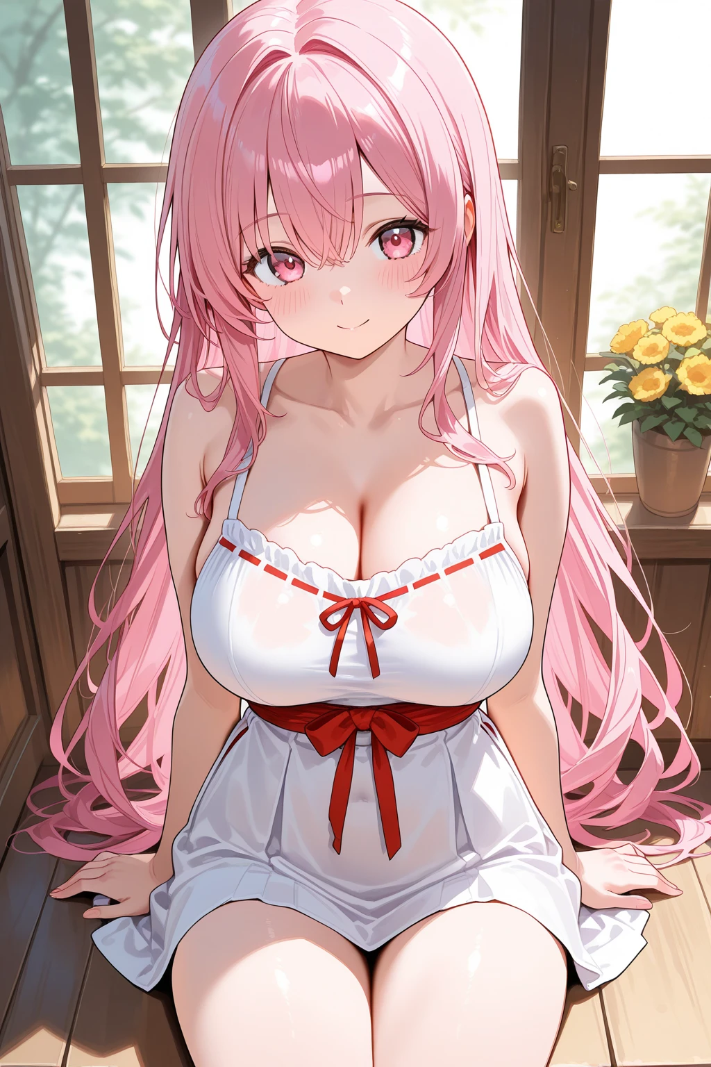 Masterpiece、Highest quality、Super detailed、1 girl、Pink Hair、(Big Tits)、Fluffy and soft long hair、Red-pink eyes、Cleavage、(The underboob is visible)、Belly button、smile、Too big breasts、Ribbon tied around the body