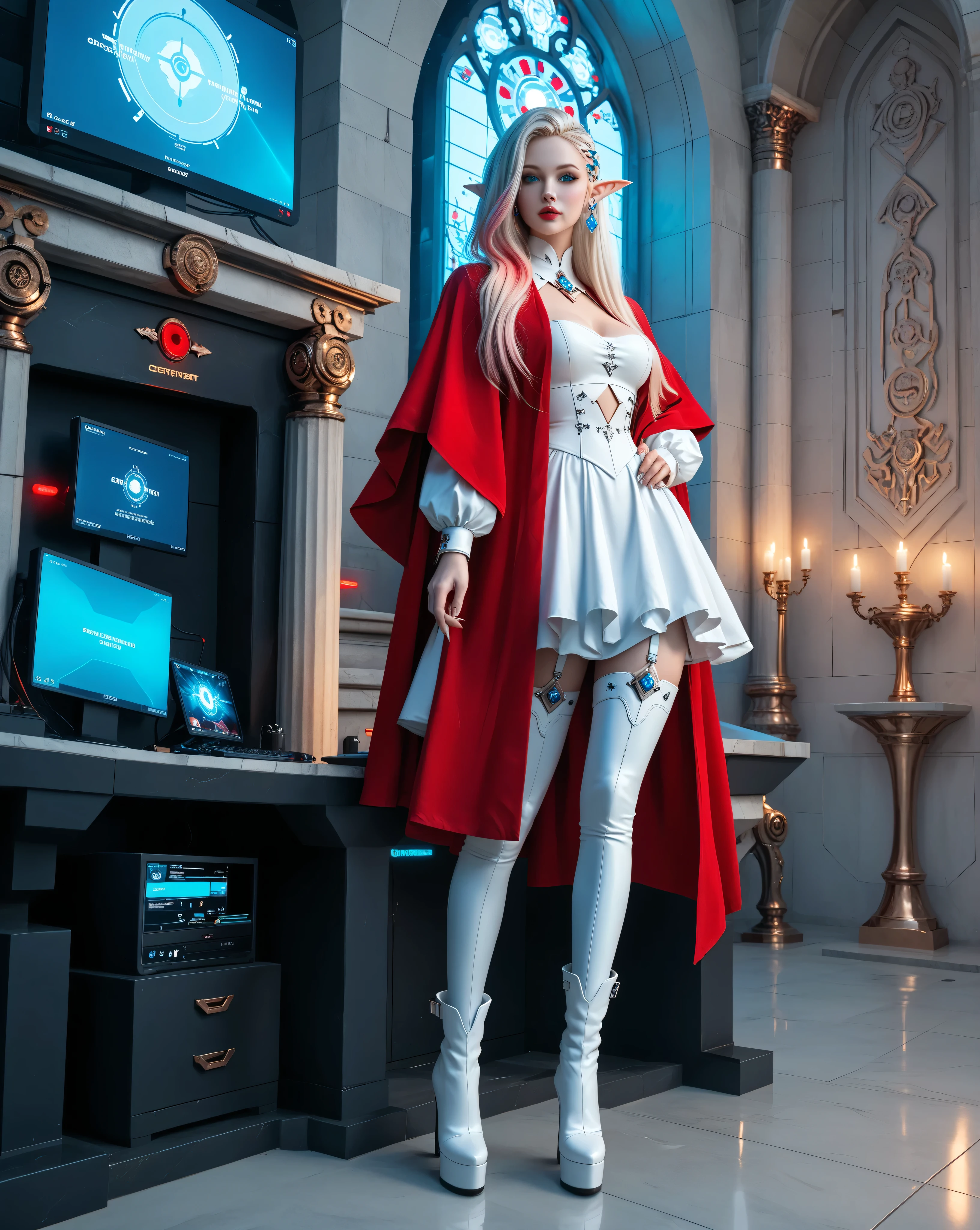 score_9, score_8_up, score_7_up, portrait of an elf maiden serving in a cyber futuristic temple (Masterpiece, best quality), ultra feminine, with a long curvy hair, light color hair, blue eyes, ((beautiful delicate face)), Ultra Detailed Face, red cloak, wearing an intricate white dress, wearing holy symbol with cyber implants, high heeled boots, cyber punk art, full body, best details, highly detailed, best quality, highres, cyber temple background, a sense of divinity, soft neon light, from cyber computer screens, high details, best quality, 16k, ultra detailed, masterpiece, best quality, (extremely detailed), dynamic angle, 3DMM