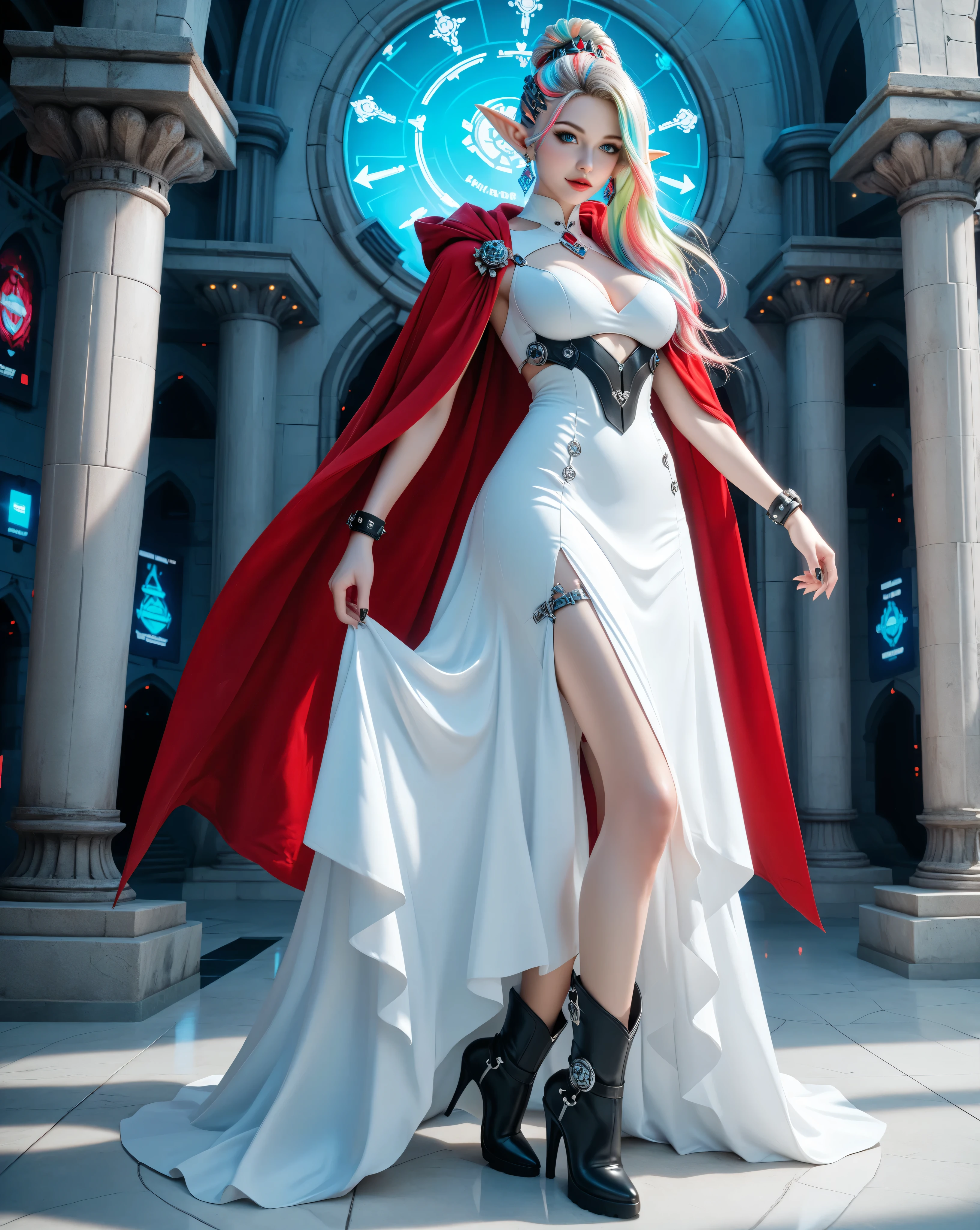 score_9, score_8_up, score_7_up, portrait of an elf maiden serving in a cyber futuristic temple (Masterpiece, best quality), ultra feminine, with a long curvy hair, light color hair, blue eyes, ((beautiful delicate face)), Ultra Detailed Face, red cloak, wearing an intricate white dress, wearing holy symbol with cyber implants, high heeled boots, cyber punk art, full body, best details, highly detailed, best quality, highres, cyber temple background, a sense of divinity, soft neon light, from cyber computer screens, high details, best quality, 16k, ultra detailed, masterpiece, best quality, (extremely detailed), dynamic angle, 3DMM