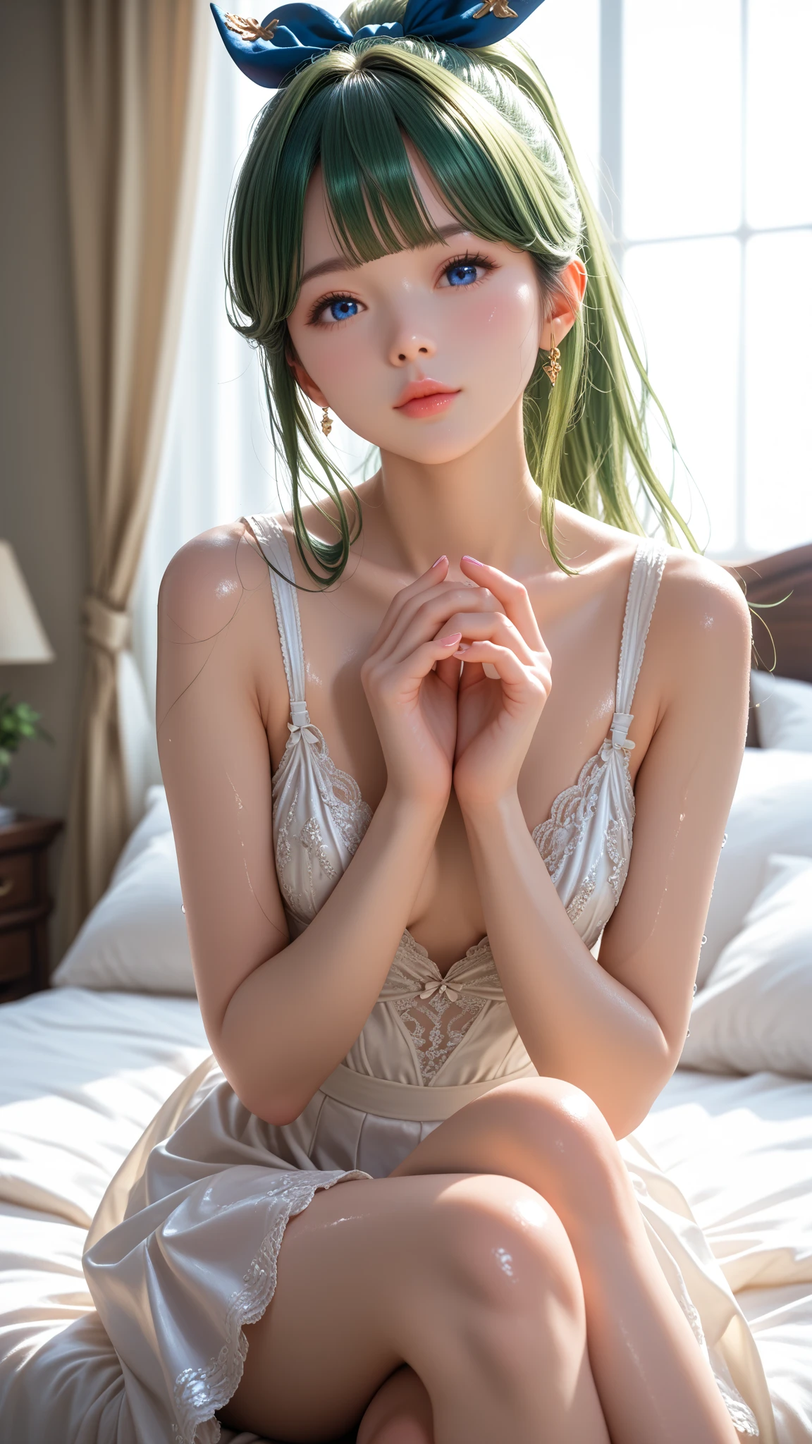 (Photorealistic:1.4), (Raw photo:1.2), (masutepiece:1.3), ultra detailed photographic, (Best Quality:1.3), hight resolution, nffsw, Finely detailed, the Extremely Detailed CG Unity 8K Wallpapers,
(Very delicate and beautiful 1 girl, Solo:1.7), (beautiful detailed face and eyes:1.2), (symmetric clear eyes:1.3), (Smile:0.8), (Full body:1.3), (Lying:1.5),
(Enamel camisole and long skirt:1.6), (Large breasts:1.3), Wavy ponytail,
Symmetrical pupils, hyper-detailed pupils, Perfect Skin, Slim body, Narrow waist, Perfect Skin,
Light on Face, Cinematic lighting, Professional Lighting, Photon mapping, Radio City