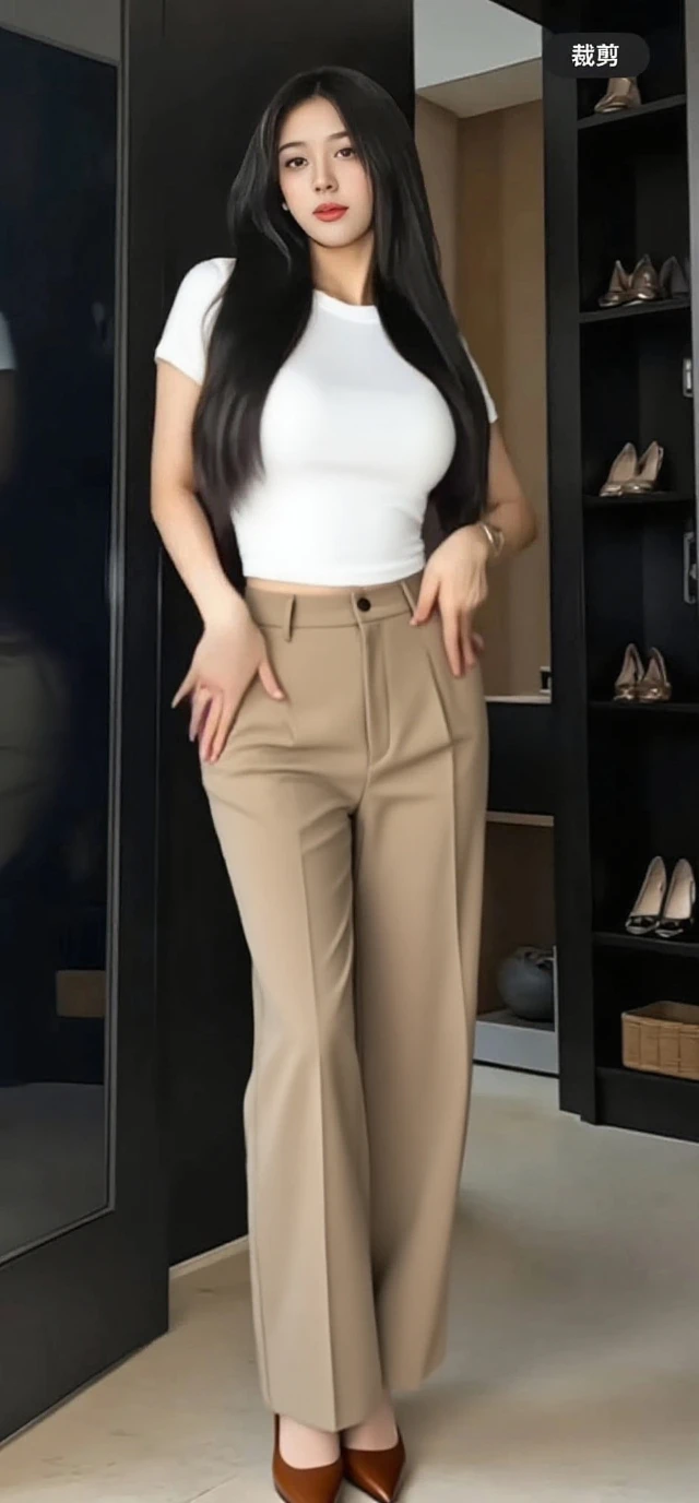 A (beautiful) young Brazilian girl, (extremely pale skin), (straight black hair), (small pointed nose, full lips, pointed chin, small face), (slim body), (small shoulders), (slim waist and thick hips), (small torso), (extremely thick hips), (very thick thighs). 19 years old, posing confidently. 19 years old, confidently posing ((wearing khaki pants with a white top, casual wear, elegant clothes, tight and tight, real, soft lighting, no glare, matte texture):1.4).