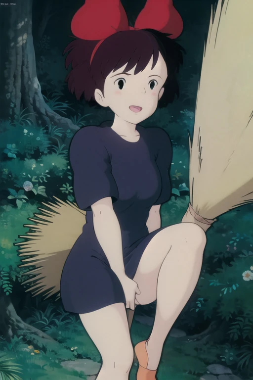 Ghibli style,Kiki , One Girl, Black Dress,、Red ribbon、spread:1.5、 take off your white underwear、Kiki's Delivery Service,Big Breasts, Showing nipples:1.5、Full nudity、Masturbation、Insert、Excited、broom、Show off dark pubic hair、Spread your legs:1.5、Spread your legs、Open Majora、 floating hair, forest, Look at the viewers, outside of home, Medium Hair, ((masterpiece)),