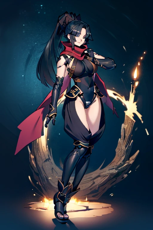 Rogue human woman, with red hair and black streaks, long high ponytail, white corset, black mini skirt, black thigh high boots, black jacket, with a dagger
