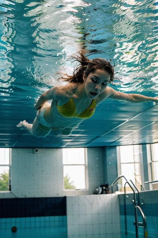 Woman with fat thighs, dives with black swimsuit and red hair,in a minimalist pool where the sun's rays pass through the water