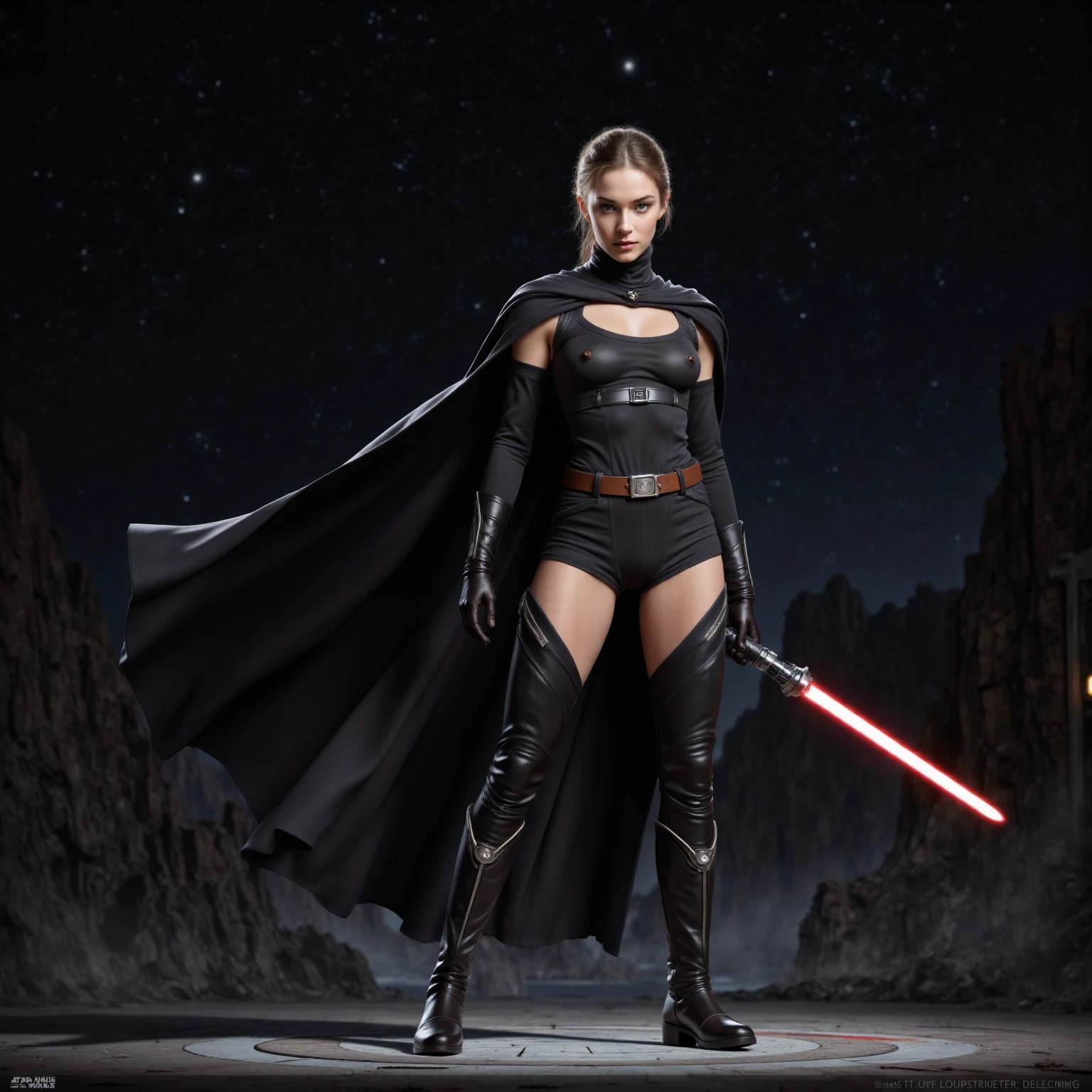 score_9, score_8_up, score_7_up, score_6_up, realistic, (star wars Rey Skywalker), standing, ((huge natural breasts)), brown eyes, rey bun hairstyle, (black tube top), (covered nipples), (black pelvic curtain), (white wet panties), perfect pussy cameltoe, (black stockings), playing with lightsaber, horny expression, (front view)1.1, (inside spaceship, Millennium Falcon background) (detailed stockings fabric) (wearing 20cm sexy high heels stilettos shoes) (detailed face)