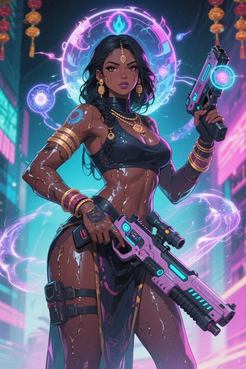 Amara, short black hair,ponytail, purple eyes ,lipstick ,toned , blue left arm tattoo, dark skin ,nail polish,  scars, standing,   upper body,  sideview, 
spaceship,  window, stars milky ways, purple themed room,  purple walls,  gym, dark room, purple lighting, 
(insanely detailed, beautiful detailed face, masterpiece, best quality)   <lora:Amara:0.7>