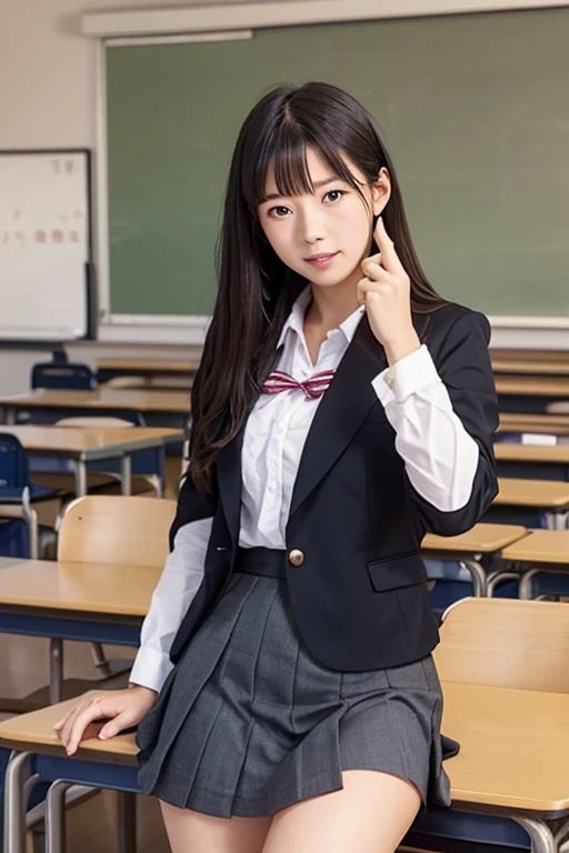(masterpiece, highest quality:1.4), award-winning portraits, 8K, 85mm, alone, beautiful face, delicate girl, , (dark navy blazer jacket), dark navy skirt, long sleeve, violaces, gardenia, grace, Sophisticated, cute, teen, looking at the viewer, 15 years old, Raw photo, disorganized, HDR, sharp focus, A bow tie, background bokeh、(((flat 、thin and delicate body、A childish atmosphere)))、Her shiny semi-long hair is tied up、hair swaying in the wind、Mole on the left cheek、large, round, dark blue eyes、full body、random pose、Junior idol、Nogizaka Idol、widening skirt、jump、mole under eye、sexy、inside the classroom、no panties