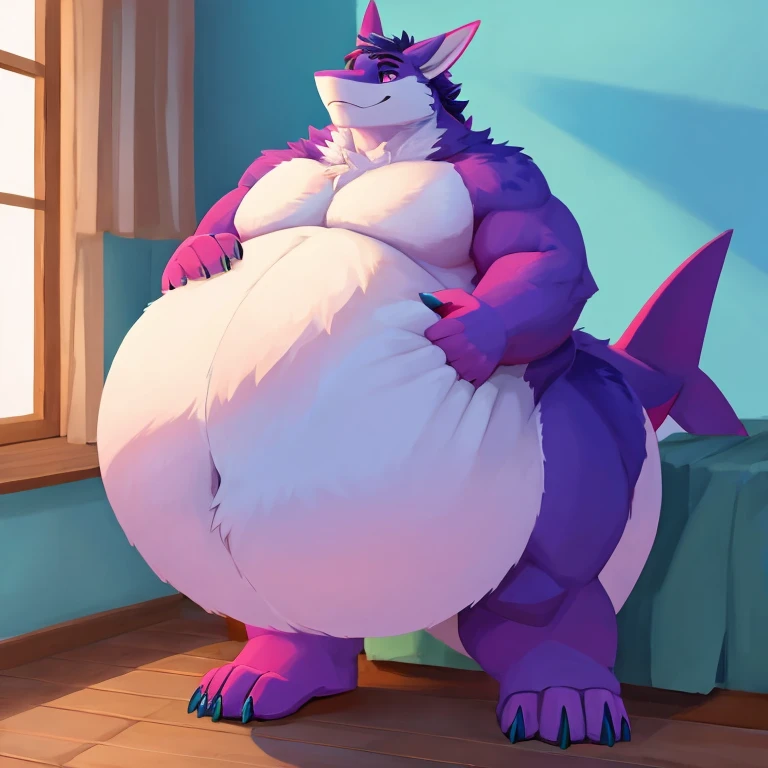 ultra high quality, hi res, beautiful shading, Bonnie, eyes half open, staring at viewer seductively, standing on a stage, red curtains, wearing only a grey G-string thong, hands on hips, genitalia bulge, morbidly obese,((590 lbs.)), by ((ASaneMan)),((femboy)), wide hips, hyper thighs, massive ass, hour glass body shape, full body, posing for viewer, massive pecs, massive muscles, muscle gut