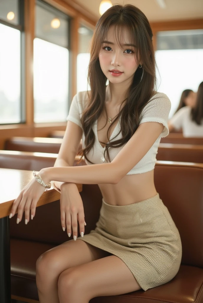 Wearing a white shirt,Red miniskirt,Girl in black high heels crouching behind a box,Basement background,Full body close-up