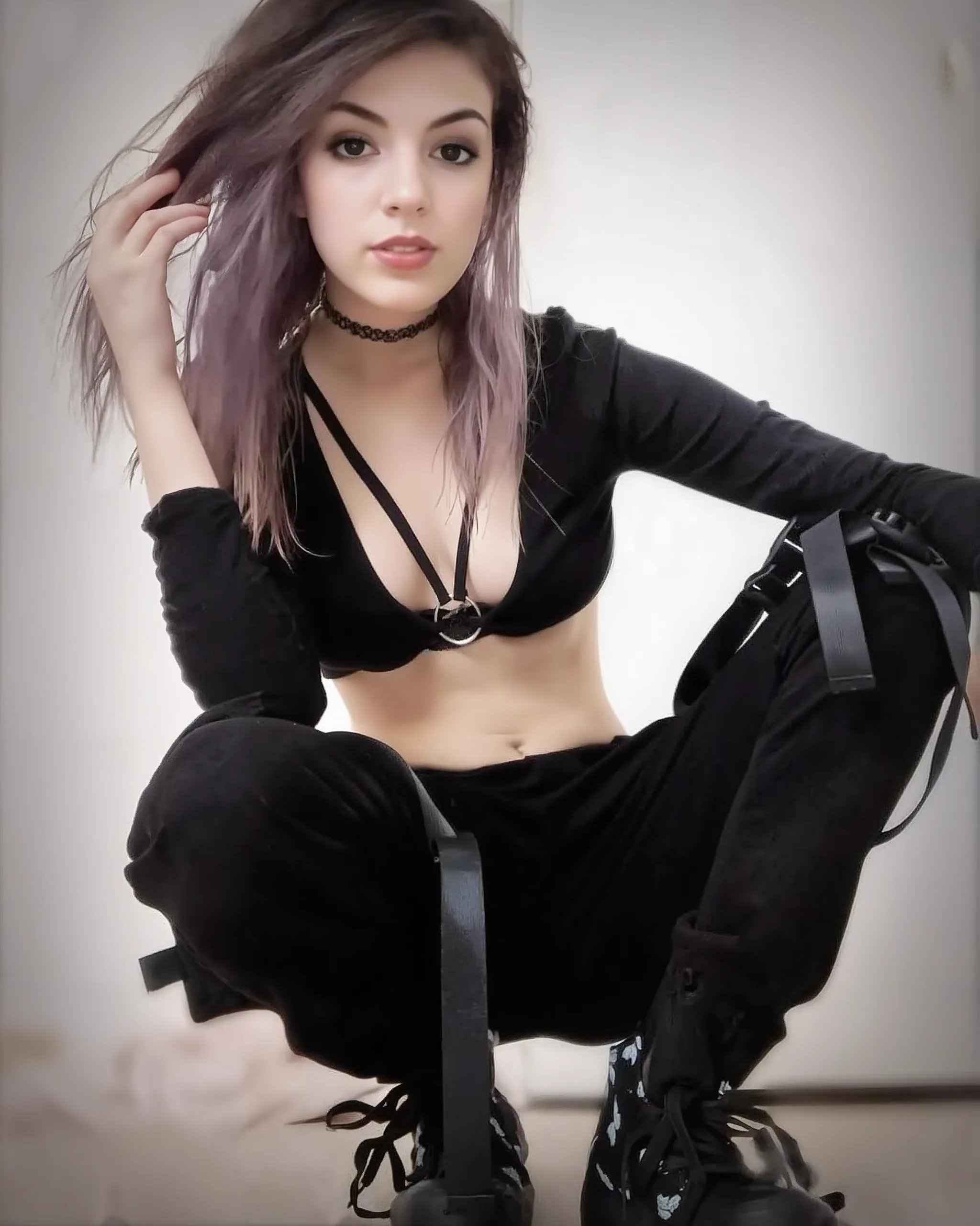 (masterpiece), best quality, (Professional Photography:1.2), (High Definition:1.3), from below,1girl, muscular skinny 18yo vampire mistress, open mouth,arms behind back, (sking tight intricate goth latex crop top), skin tight lace panties, choker, (graffiti:1.5), long hair in pig tail, paint splatter, on bed, thigh gap, (many paint on body), multicolored hair, (sparkle eyes), blue piering eyes, posing seductively, camel toe, looking at camera with a longing gaze, spreading legs, submissive, pleeding eyes,mouth open, bed room