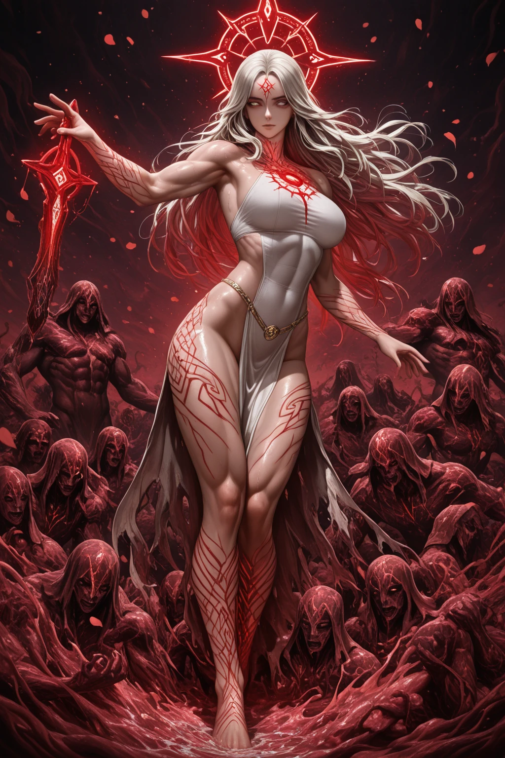 Chica hermosa, demonio, ojos rojos, cabello blanco, garras, enormes pechos, desnuda, mostrando el culo al espectador, de espalda