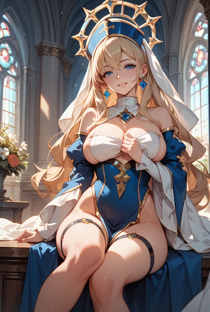 masutepiece, Best Quality,  the Extremely Detailed CG Unity 8K Wallpapers, Beauty Priestess Costume, Long dark blonde wavy hair、gorgeous dress、Gorgeous one-piece flared skirt、Luxurious hair ornaments、Medium milk,  Puffy nipple、cute smile face、Bare shoulders、sexy hips、high-heels、Luxurious magic wand and book、Church of the castle、sexy  pose、(Poses that emphasize the buttocks)、Emphasis on the chest