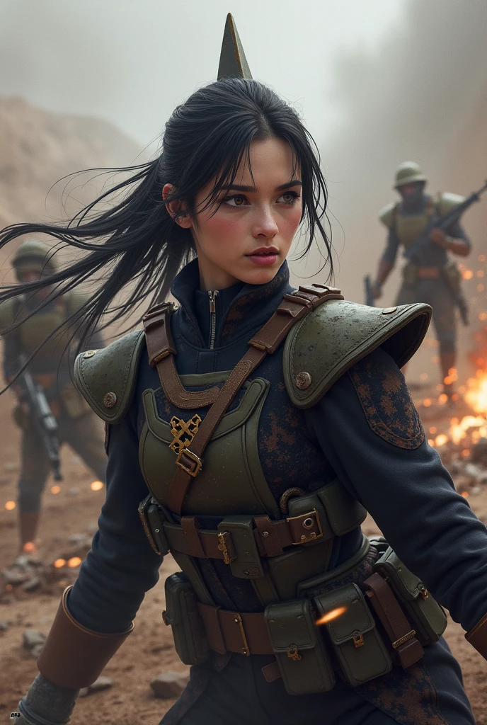 Ultra-realistic 16K CG, masterpiece, Best Composition, Photo quality, Artwork, With the Imperial fortress as a backdrop, In the background is a tall battle tower with a huge cannon., Detailed Imperial Star Super Dreadnought , Side view, High detail, Many Elements, flying conveyor, Flying Cargo Ship, crane, manipulator. Light of the sun, There are numerous gun emplacements on the sides., Distant future, Girl ,  Slaves, She is surrounded by cyborgs and spider robots., The girl is tied up, fold your hands behind your back, , Hands tied, Foot binding, pain, fear, Coastal forts bombarding ships, Tight rope , With a powerful sniper rifle, Gun barrel-mounted sights and knives, A huge French army on the march, Hundreds of devices, General Combat, армия Many Elements