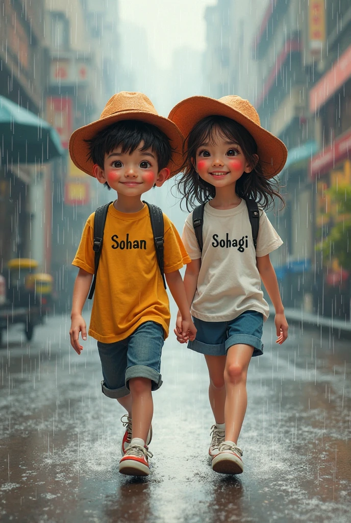 a Indian couples younger age under 10 age , walking in park , rain weather both hands in shoulder enjoying rain
the boy is wearing a white printed shirt , the girl with pink white mix printed shirt and without in shirt,stylish and boy name with "FIGHTER" small written on it's back , girl name with "SPANDANA" small written on it's back , in big and bold fonts, 3d illustration