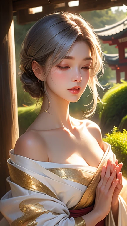 Photorealistic, High resolution, Soft light,1womanl, Solo, hips up high, glistning skin, (Detailed face),The tattoo, Jewelry, Wedding see-through hanf, cherry blossom, Night, White wavy hair, Beautiful Soldier, An eye that invites the viewer, Lover's perspective, inviting expression, Sexy smile, Perfect Style, Perfect balance, Detailed skin, Naughty gaze, Chest visible、see -through、Sheer feeling、Wet skin、Wet hair、Spread hair、Spread Stall、Wet clothes、sodden、See-through Halter neck、See-through gowns、Navel Ejection、the back is open、See-through halter neck dress、See-through kimono、