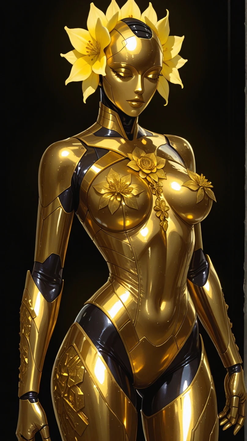 8k ((long neck:1.5))((full body view))((view from below:1.5)),(large eyes:1.3), defined cheekbones, looking back, ((the pit style:1.4))((sleek gold bodysuit:1.6)) ((intricate translucent details:1.4))detailed face:1.5), translucent skin,(puffy lips:1.5) (translucent skin:1.6), (bald woman:1.7), (skinhead) ((sexy pose)),(Muscular:1.6), ((gigantic breasts:1.5)), )highly detailed, majestic, digital photography, art by artgerm and ruan jia and greg rutkowski, ((clear shoulder pads:1.2)), (masterpiece), sidelighting, intricate details, (((black and gold color palette))), body appears see through, gold torso, ((black legs))