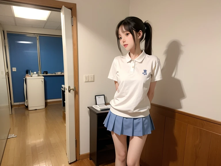 one person、one person、 Yellow polo shirt and navy blue mini skirt、Putting on lipstick in front of the mirror、16-year-old high school girl、victory、Tsundere、smile、Saucy、Blue Hair、ponytail、small、Slim girl model photo、body:Female Model、Japanese female fashion model、(8K、Raw photo、Best image quality、masterpiece:1.2)、(Genuine、photoGenuineistic:1.37)、Ultra-high resolution、Ultra-high resolution、Standing position、whole body、((((sexy)))、In town、Shapely small breasts
